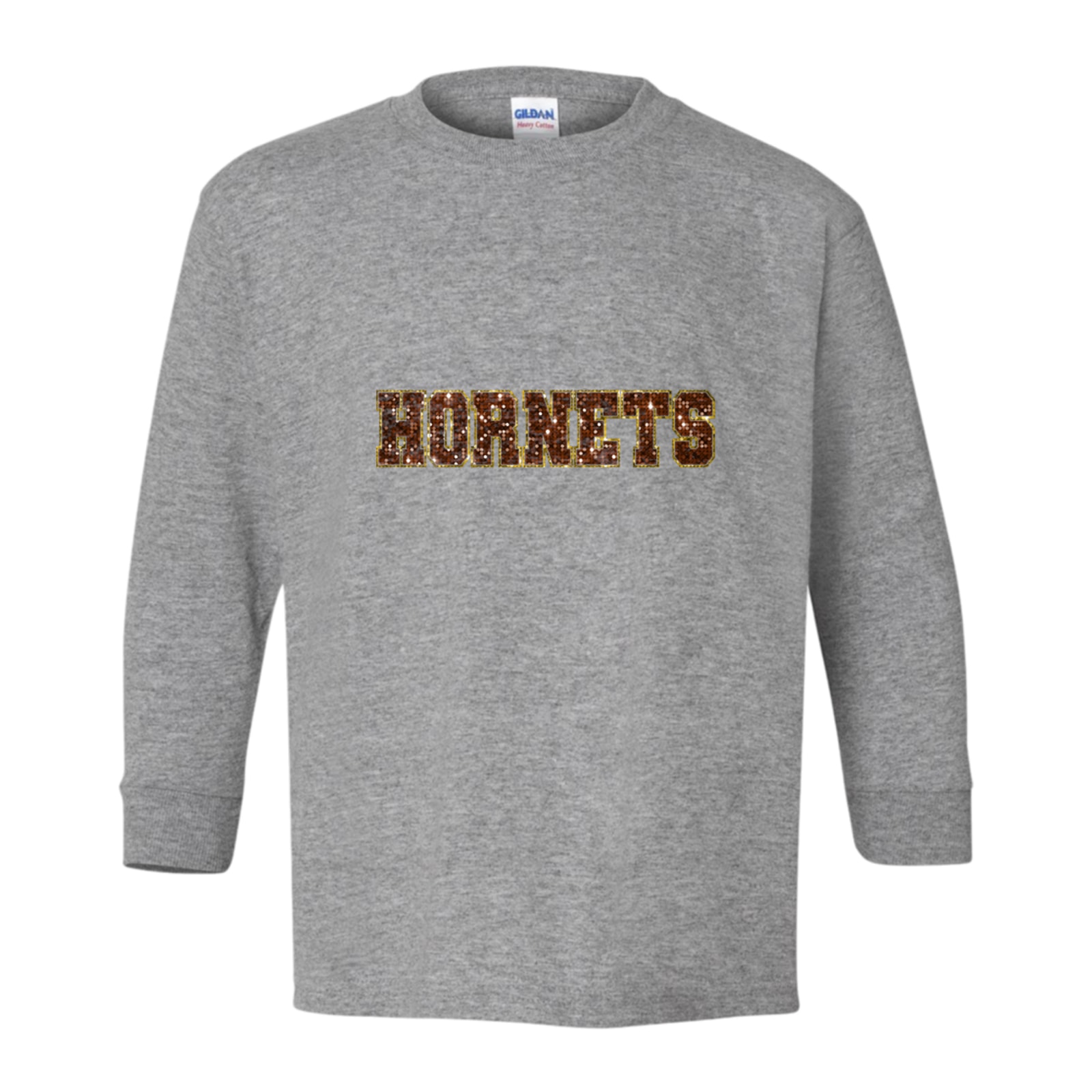Hamersville Elementary and Middle School Hornets sequin sleeve brown gold Gildan Youth Heavy Cotton 100% Cotton Long Sleeve T-Shirt. 5400B