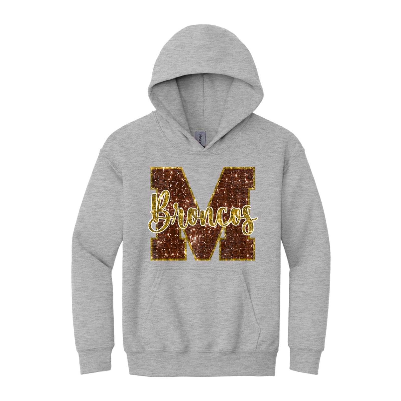 Mount Orab Elementary M Broncos sequin brown gold Gildan - Youth Heavy Blend Hooded Sweatshirt. 18500B