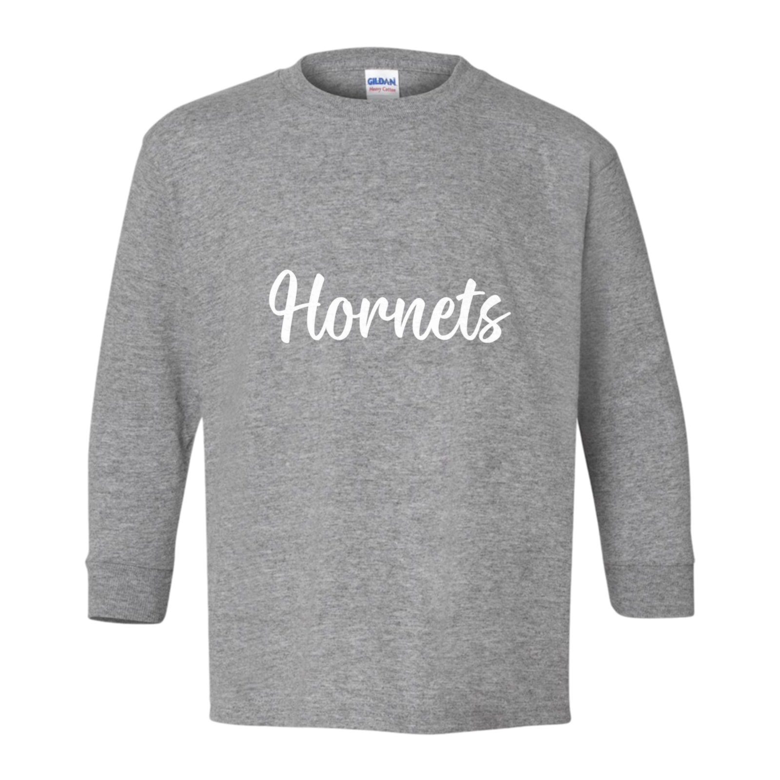 Hamersville Elementary and Middle School Hornets White Puff Script Gildan Youth Heavy Cotton 100% Cotton Long Sleeve T-Shirt. 5400B