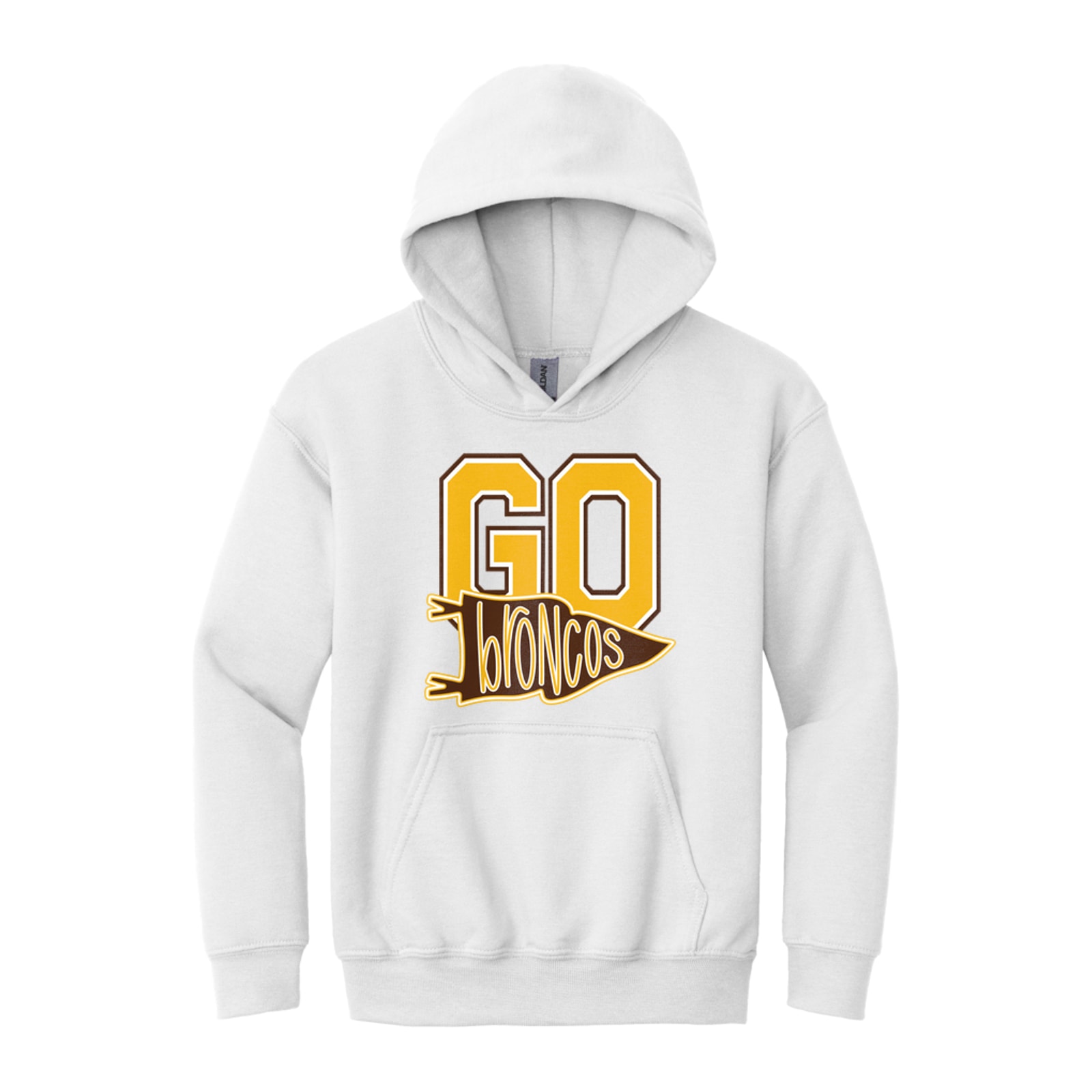 Mount Orab Elementary Go broncos pennant gold brown white Gildan - Youth Heavy Blend Hooded Sweatshirt. 18500B