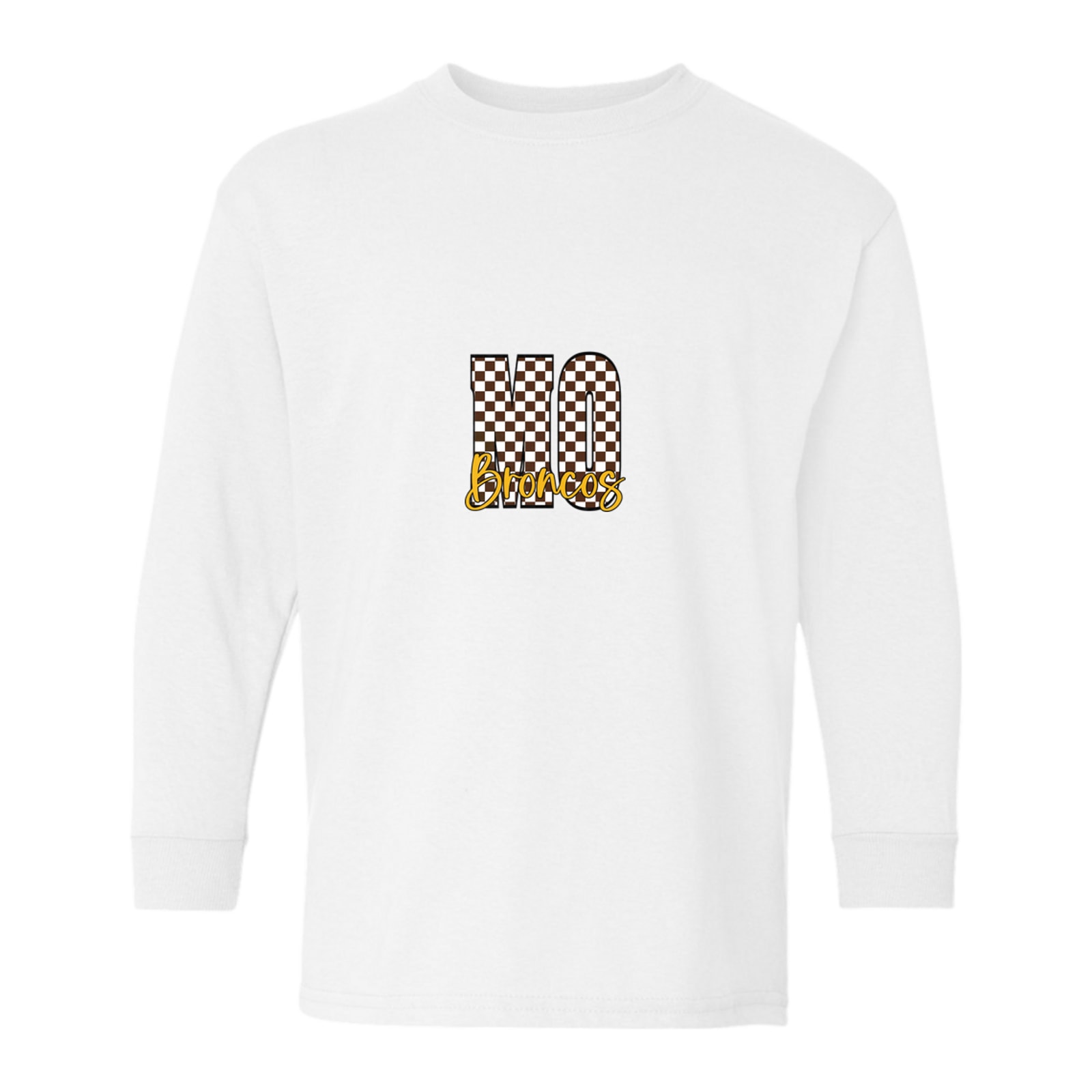 Mount Orab Elementary MO brown white checkers Broncos white script Gildan Youth Heavy Cotton 100% Cotton Long Sleeve T-Shirt. 5400B