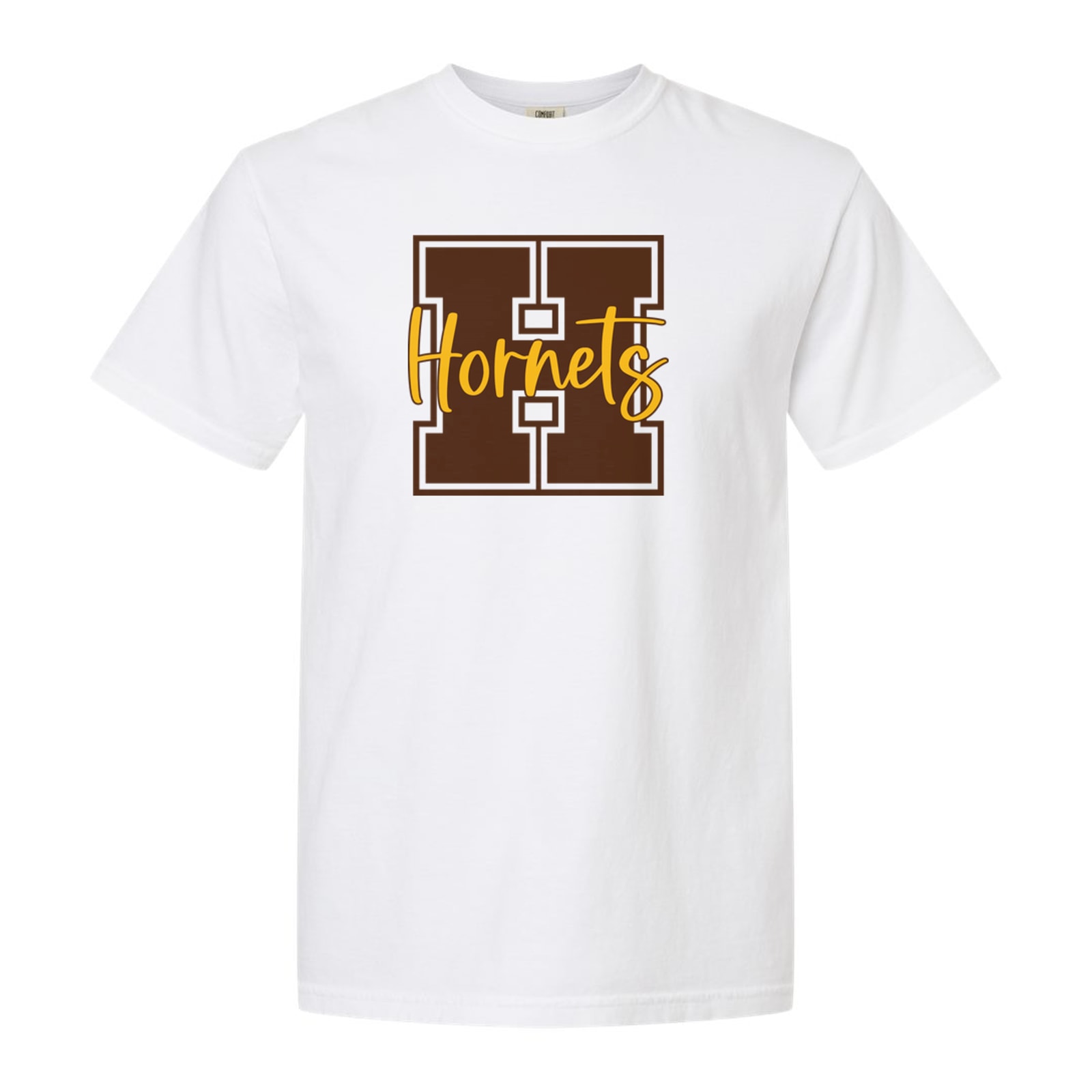 Hamersville Elementary and Middle School H Hornets brown gold square block Comfort Colors 1717