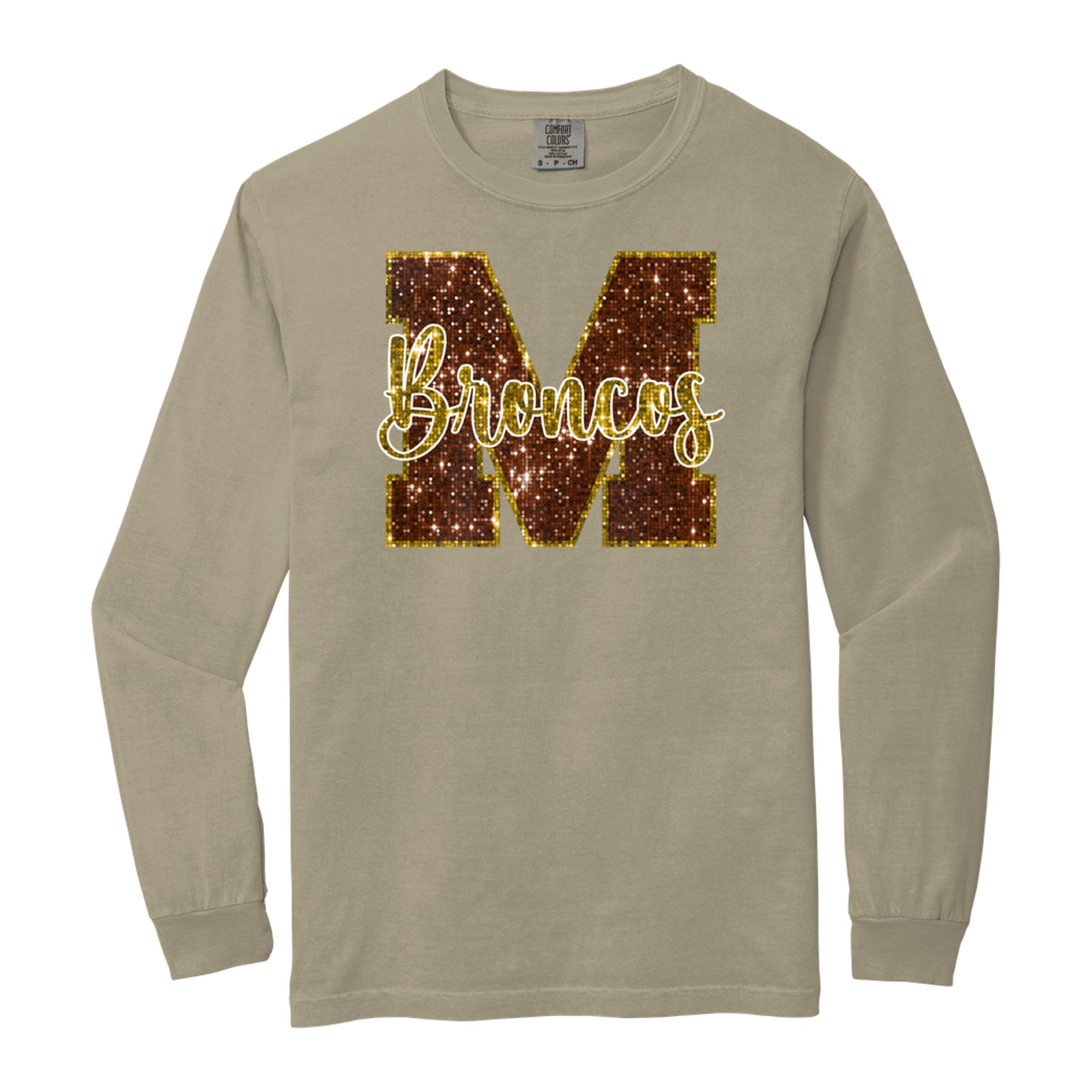 Mount Orab Elementary M Broncos sequin brown gold Comfort Colors 6014 Long Sleeve