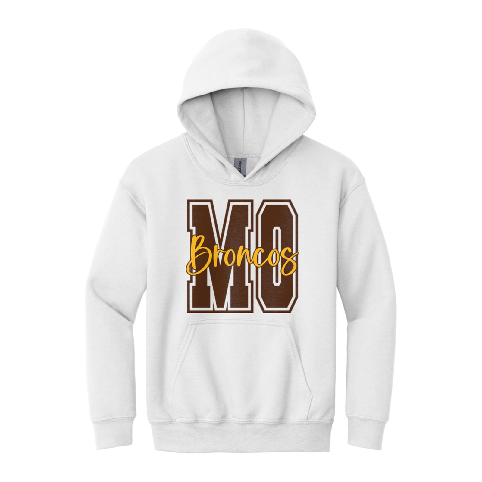 Mount Orab Elementary MO Broncos brown gold square block Gildan - Youth Heavy Blend Hooded Sweatshirt. 18500B