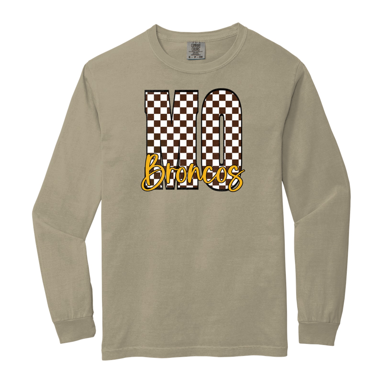Mount Orab Elementary MO brown white checkers Broncos white script Comfort Colors 6014 Long Sleeve
