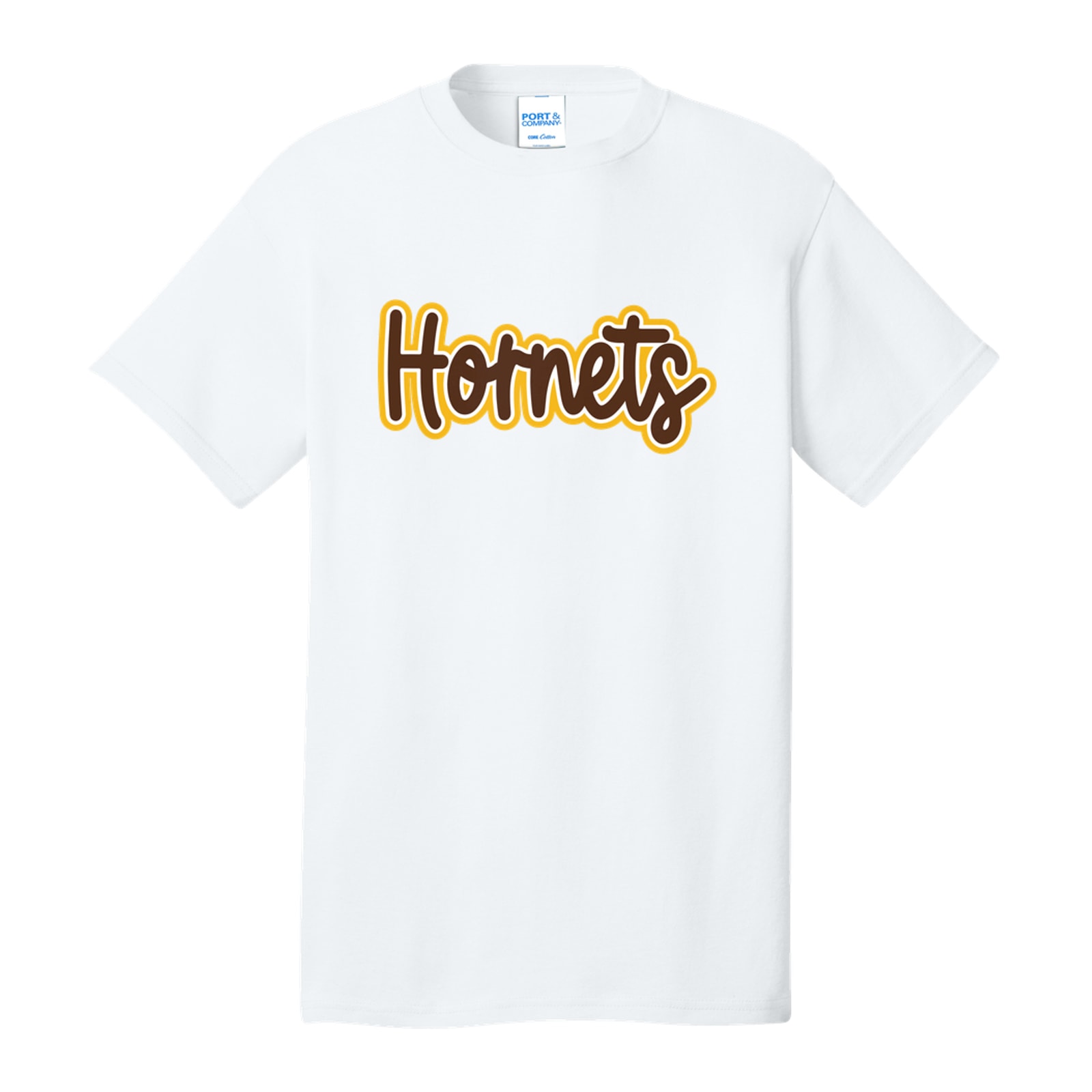 Hamersville Elementary and Middle School Hornets Thick Script brown white gold Port & Company PC54