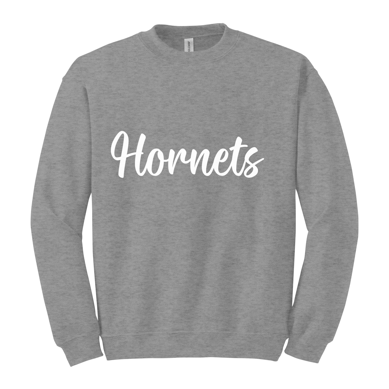 Hamersville Elementary and Middle School Hornets White Puff Script Gildan Heavy Blend Crewneck Sweatshirt. 18000