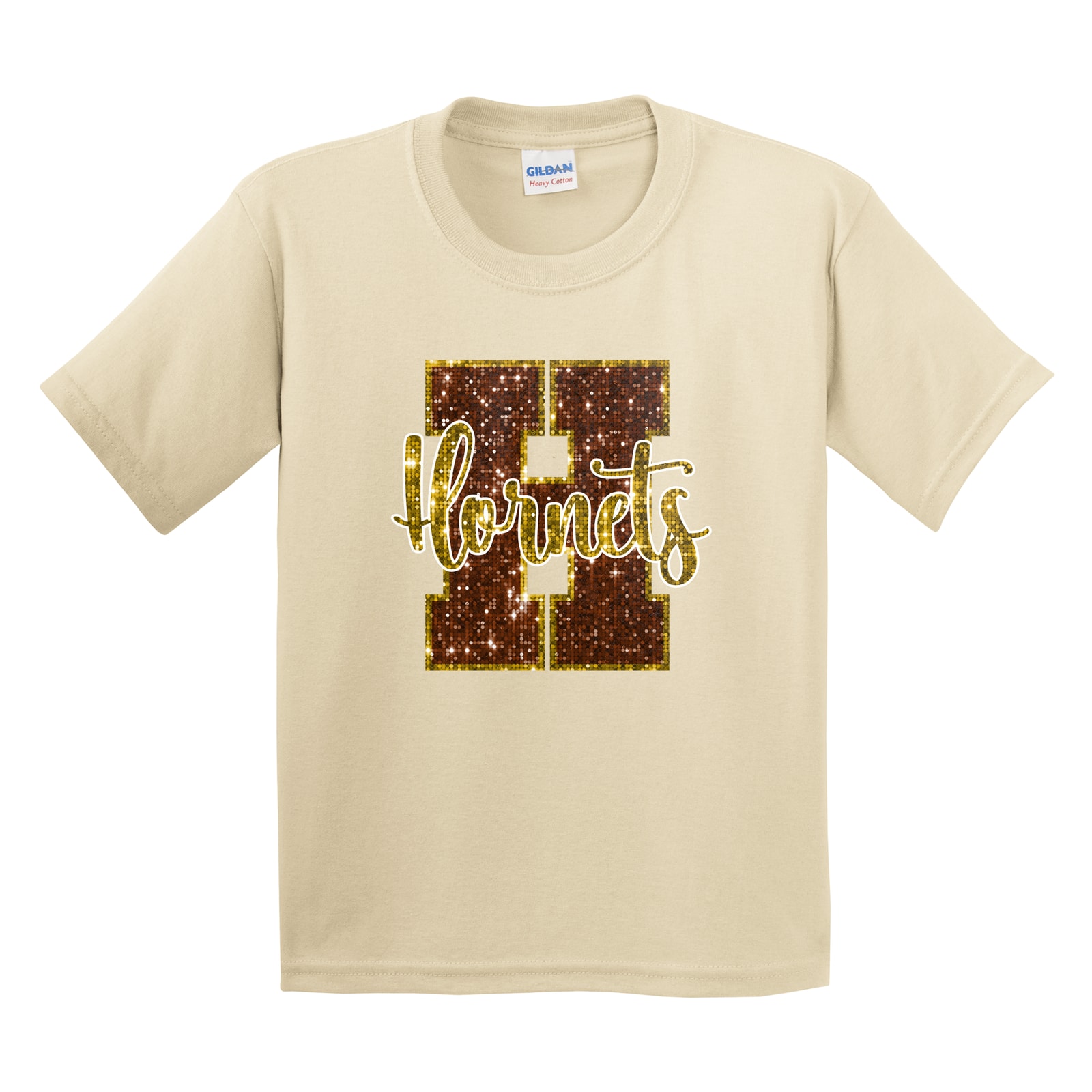 Hamersville Elementary and Middle School H Hornets sequin brown gold Gildan 5000B Youth Tee