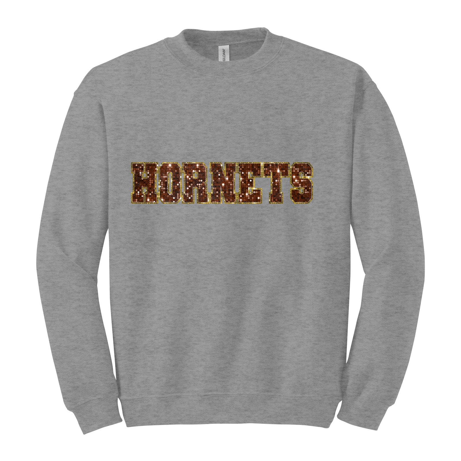 Hamersville Elementary and Middle School Hornets sequin sleeve brown gold Gildan Heavy Blend Crewneck Sweatshirt. 18000