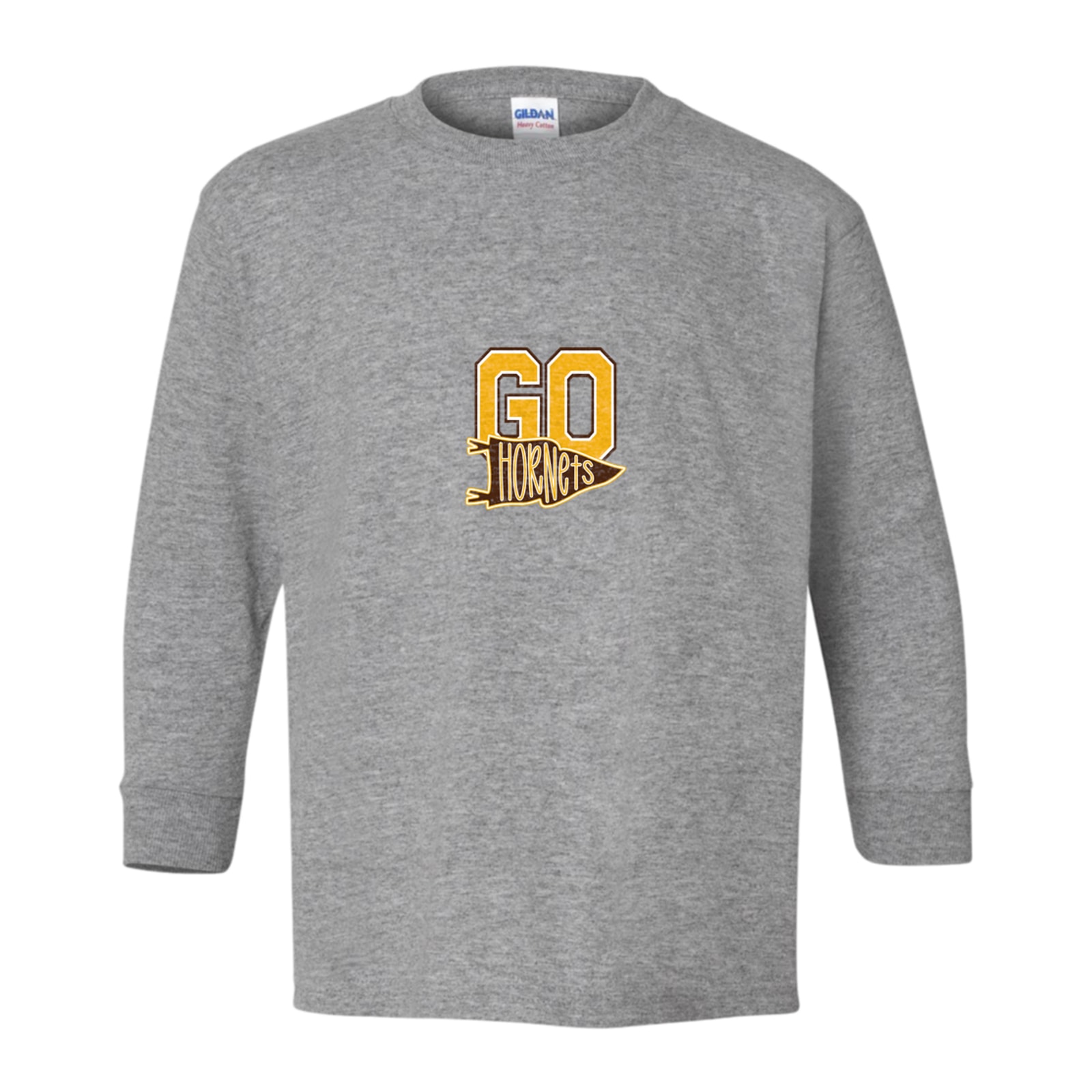 Hamersville Elementary and Middle School Go hornets pennant gold brown white Gildan Youth Heavy Cotton 100% Cotton Long Sleeve T-Shirt. 5400B
