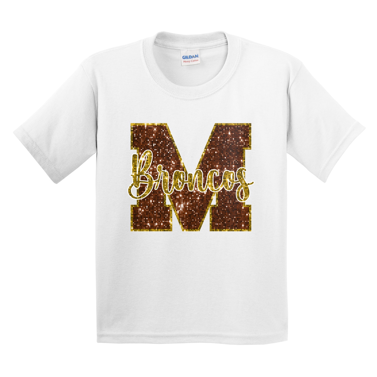 Mount Orab Elementary M Broncos sequin brown gold Gildan 5000B Youth Tee