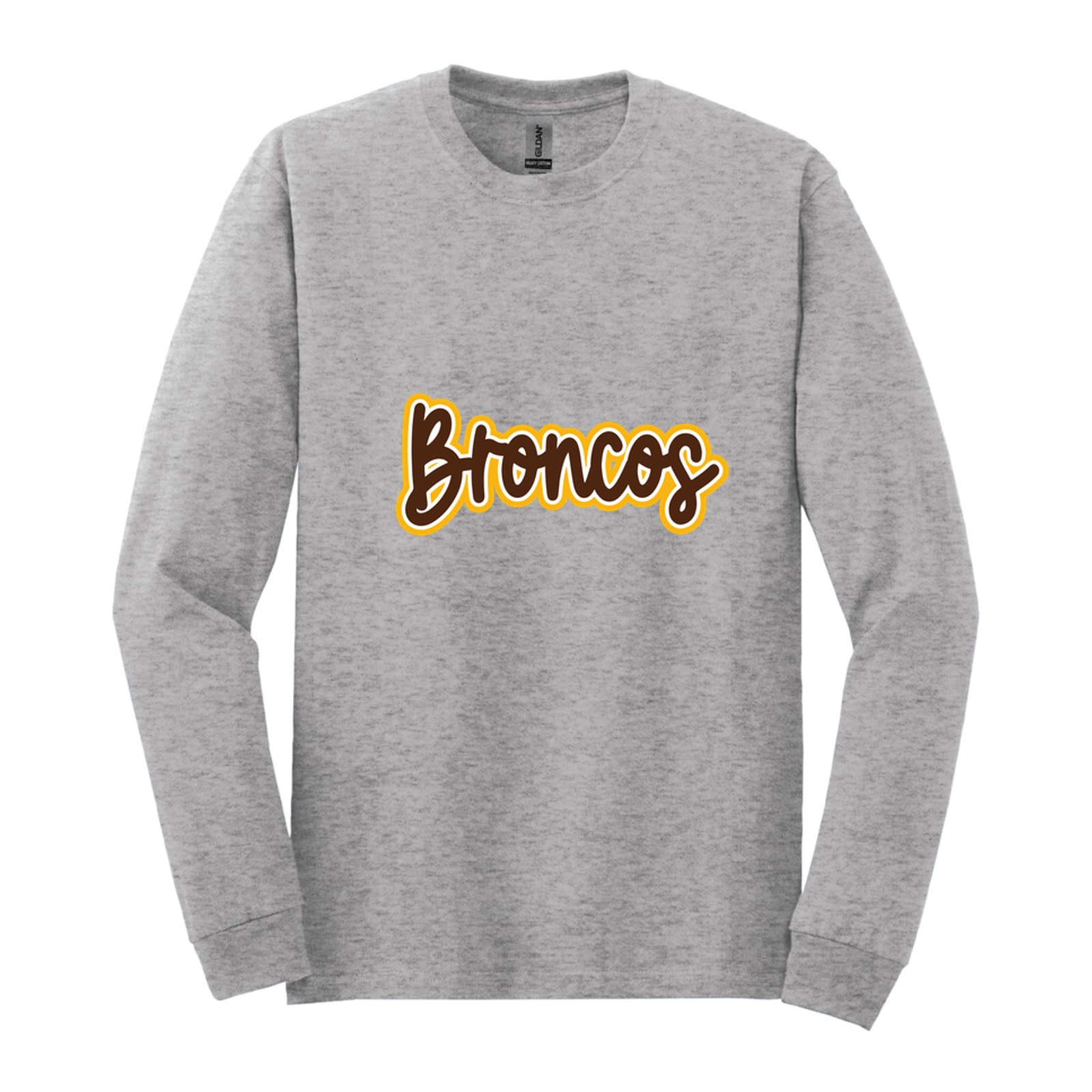 Mount Orab Elementary Broncos Thick Script brown white gold Gildan - Heavy Cotton 100% Cotton Long Sleeve T-Shirt. 5400