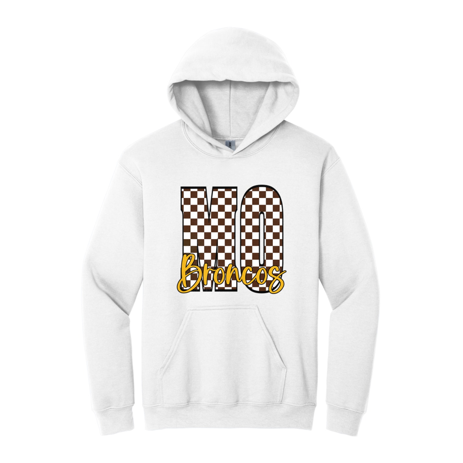 Mount Orab Elementary MO brown white checkers Broncos white script Gildan - Heavy Blend Hooded Sweatshirt. 18500