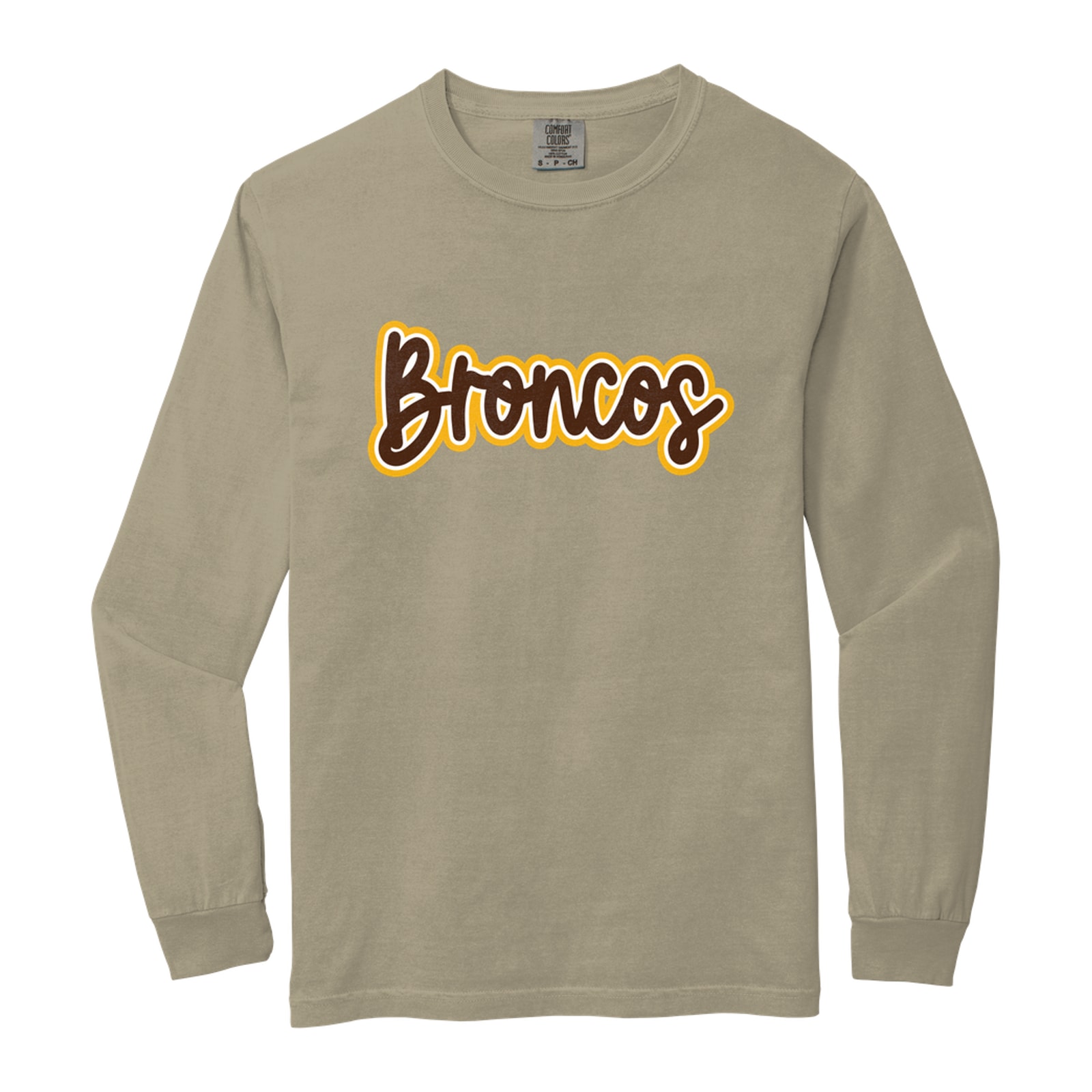 Mount Orab Elementary Broncos Thick Script brown white gold Comfort Colors 6014 Long Sleeve