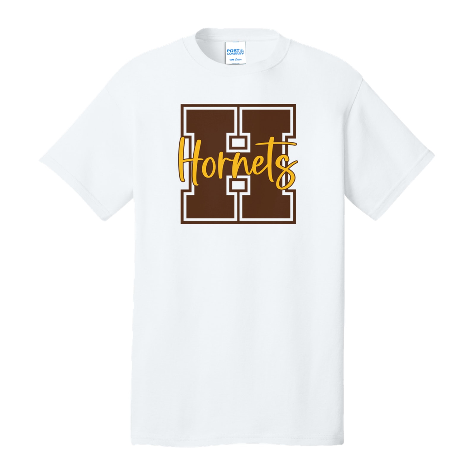 Hamersville Elementary and Middle School H Hornets brown gold square block Port & Company PC54
