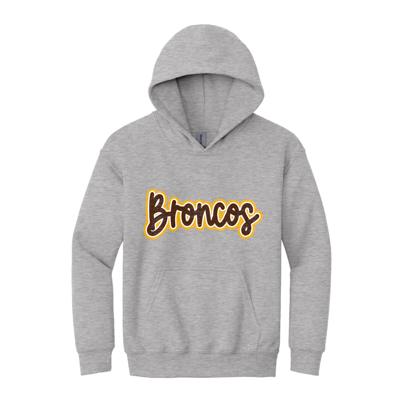 Mount Orab Elementary Broncos Thick Script brown white gold Gildan - Youth Heavy Blend Hooded Sweatshirt. 18500B