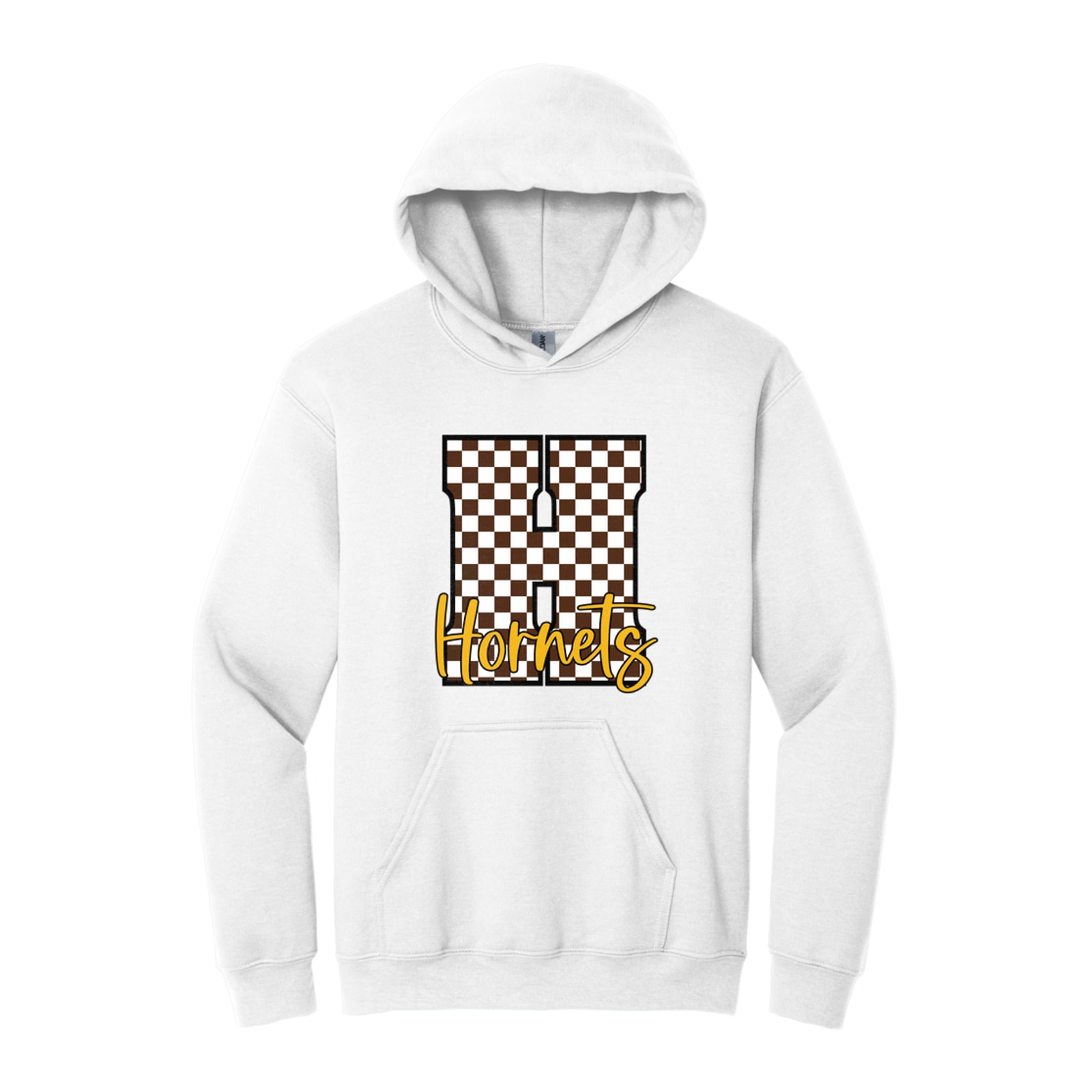 Hamersville Elementary and Middle School H brown white script Gildan - Heavy Blend Hooded Sweatshirt. 18500