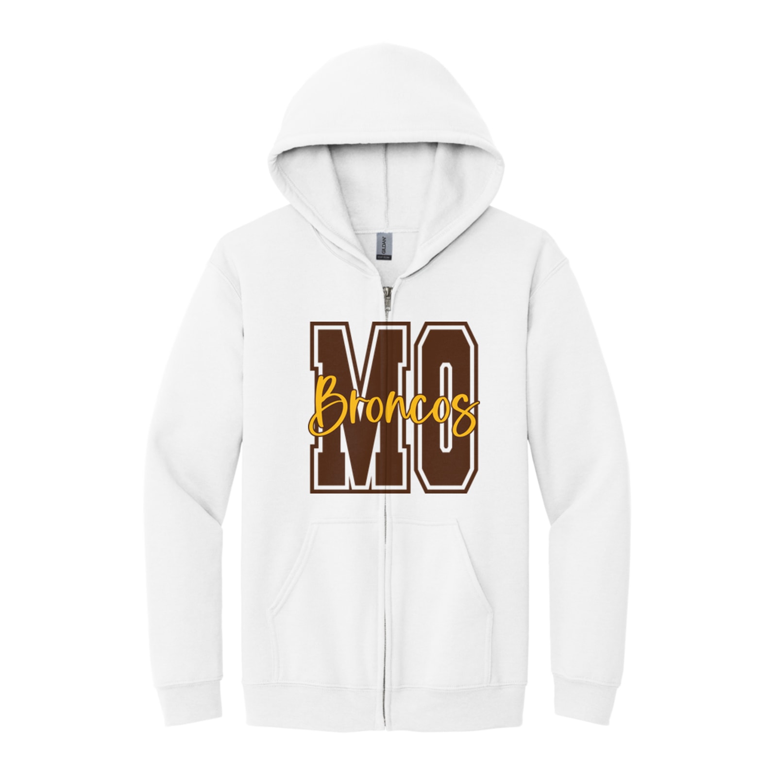 Mount Orab Elementary MO Broncos brown gold square block Gildan - Heavy Blend Full-Zip Hooded Sweatshirt. 18600