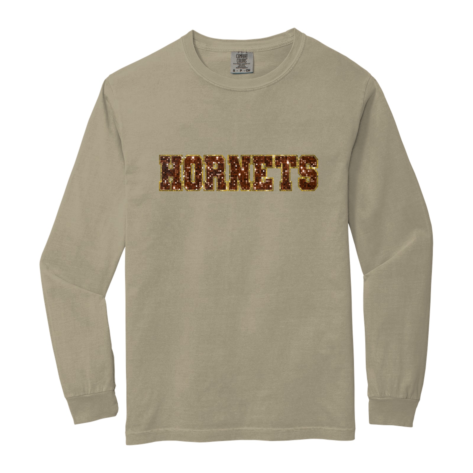 Hamersville Elementary and Middle School Hornets sequin sleeve brown gold Comfort Colors 6014 Long Sleeve