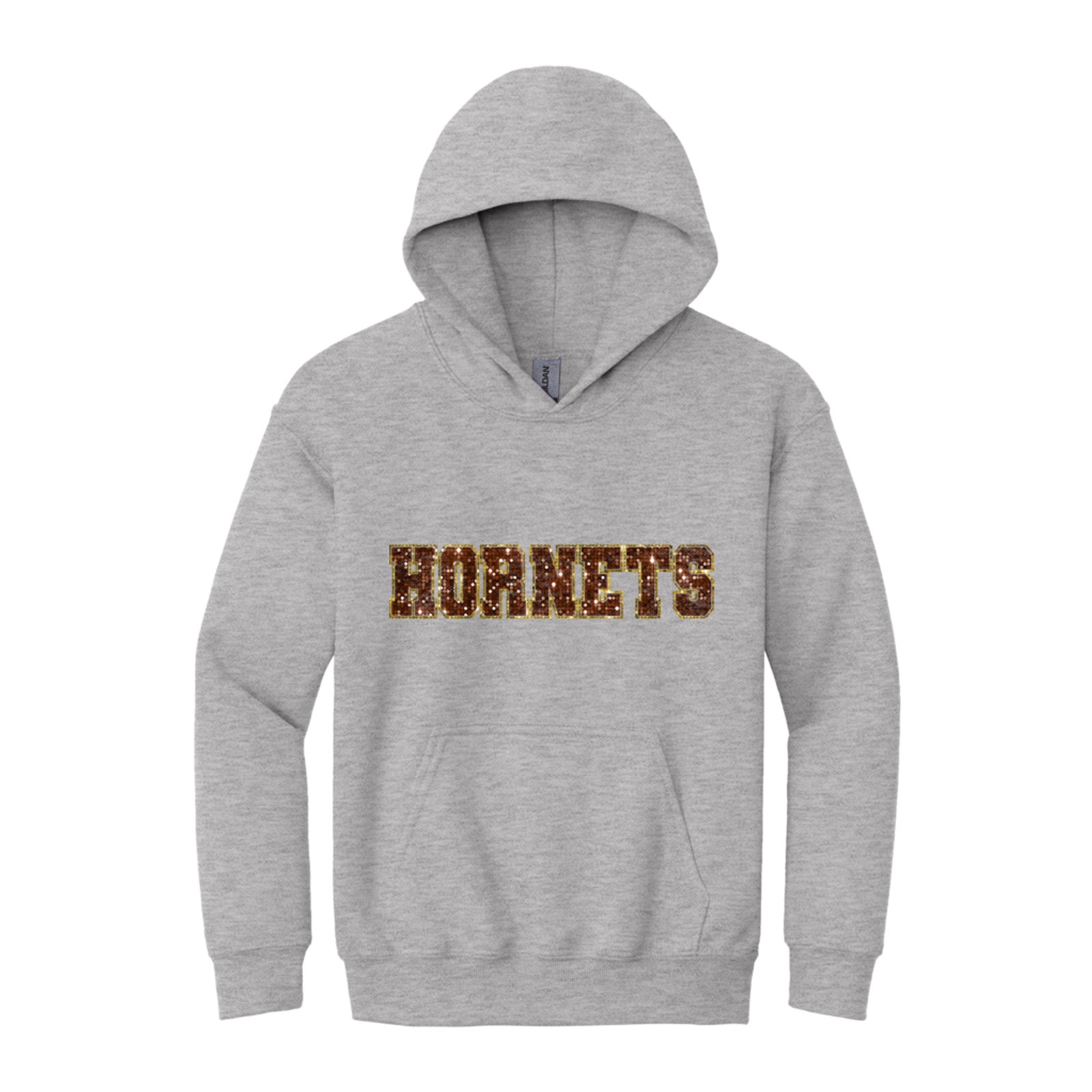 Hamersville Elementary and Middle School Hornets sequin sleeve brown gold Gildan - Youth Heavy Blend Hooded Sweatshirt. 18500B