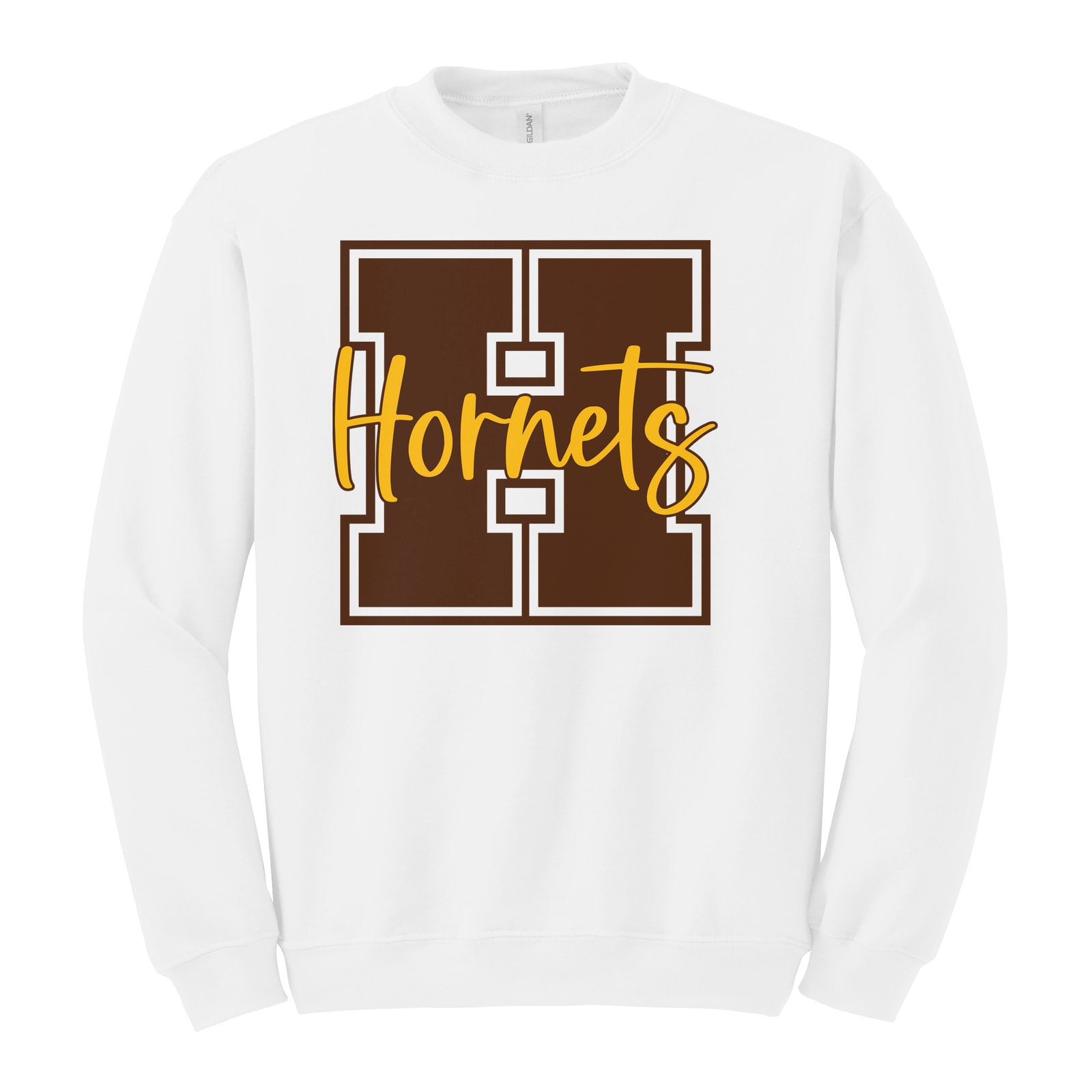 Hamersville Elementary and Middle School H Hornets brown gold square block Gildan Heavy Blend Crewneck Sweatshirt. 18000
