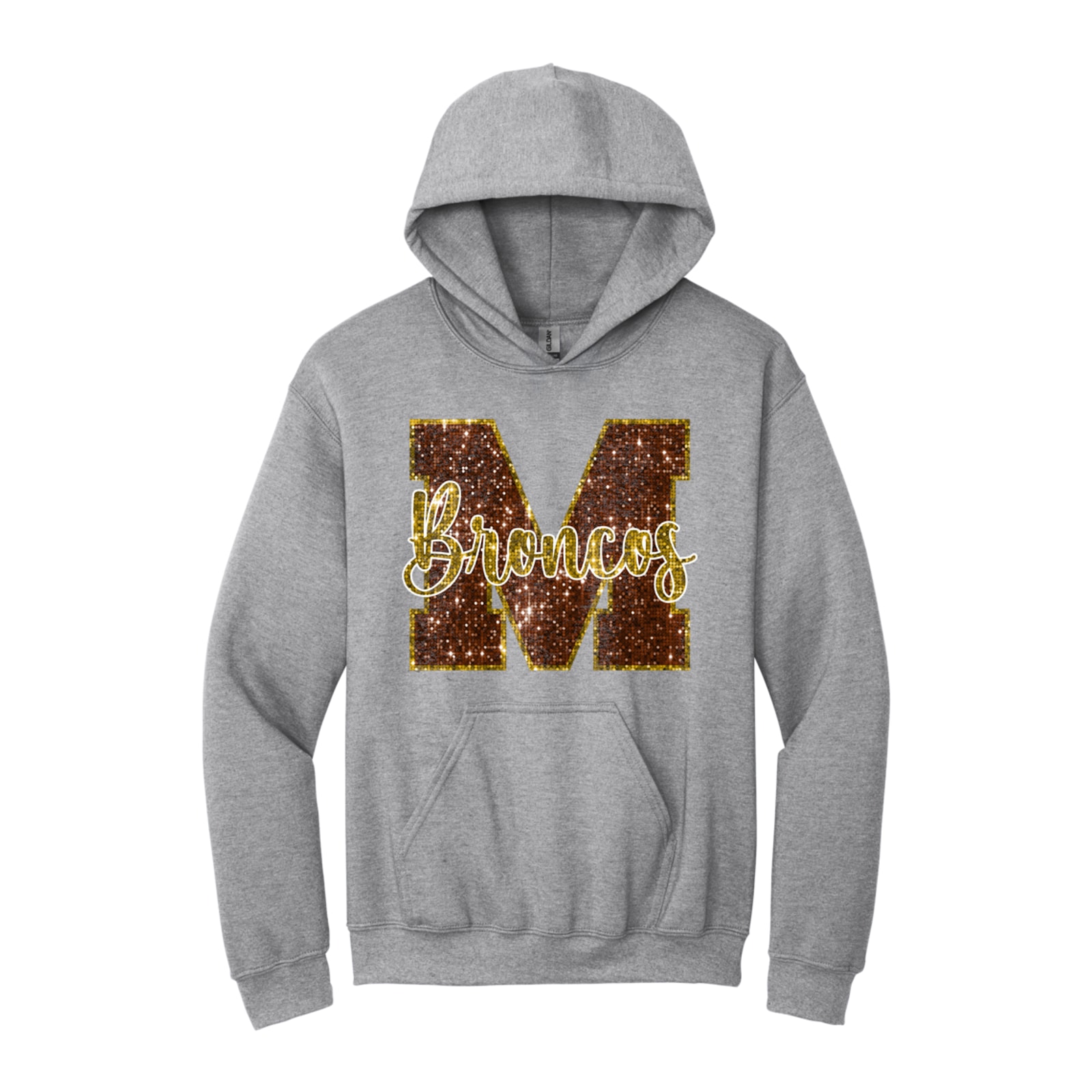 Mount Orab Elementary M Broncos sequin brown gold Gildan - Heavy Blend Hooded Sweatshirt. 18500