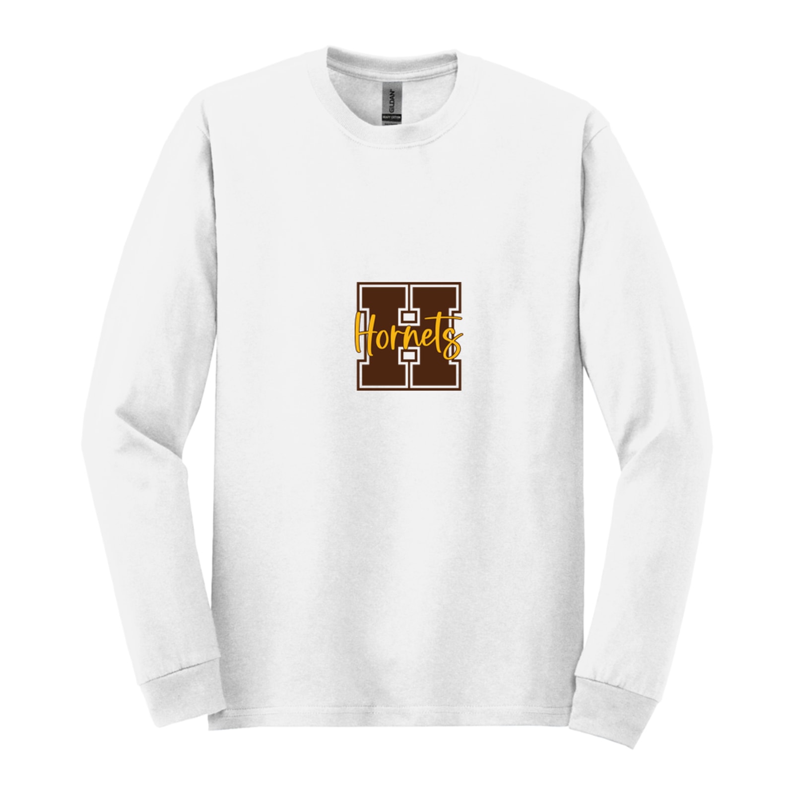 Hamersville Elementary and Middle School H Hornets brown gold square block Gildan - Heavy Cotton 100% Cotton Long Sleeve T-Shirt. 5400
