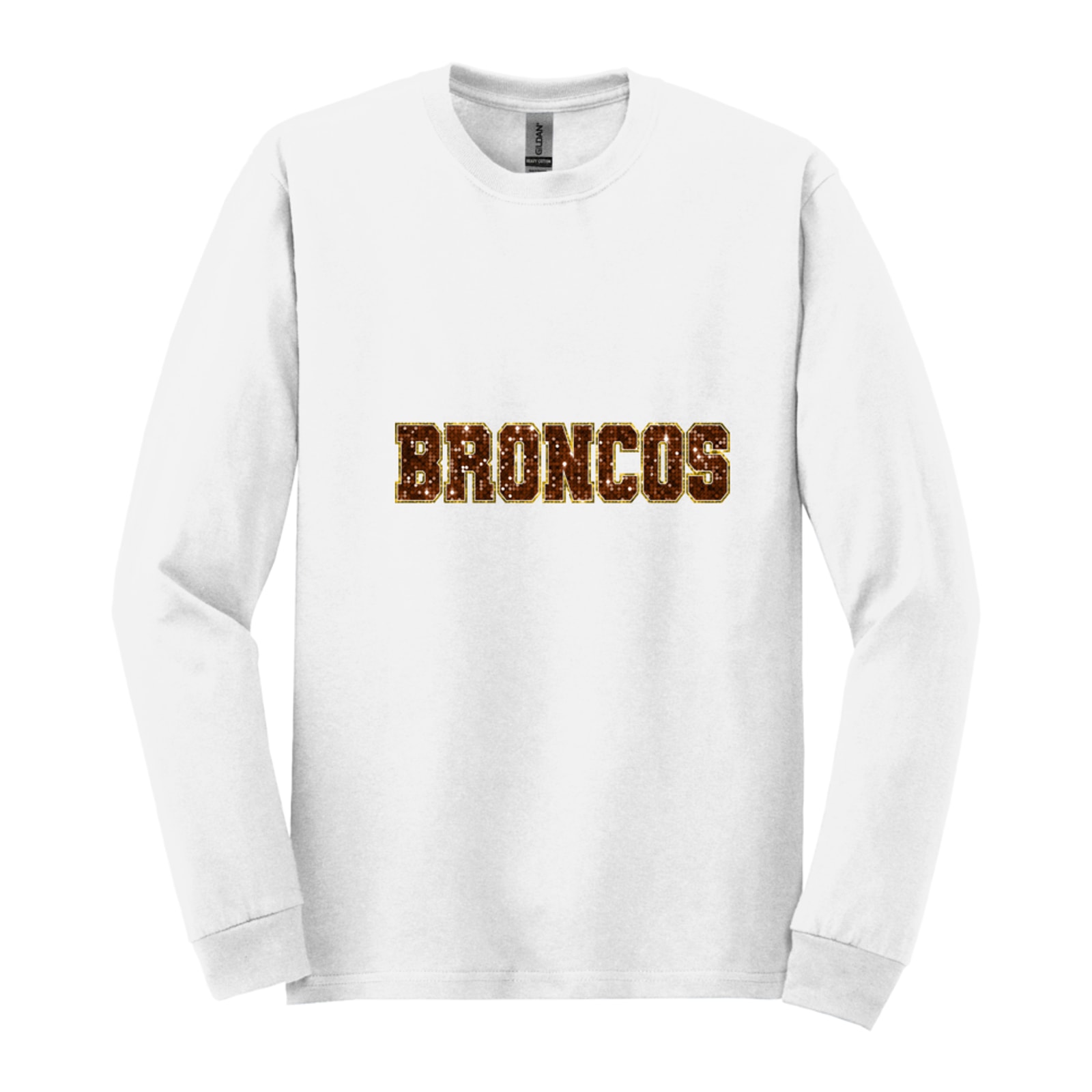 Mount Orab Elementary Broncos sequin sleeve brown gold Gildan - Heavy Cotton 100% Cotton Long Sleeve T-Shirt. 5400