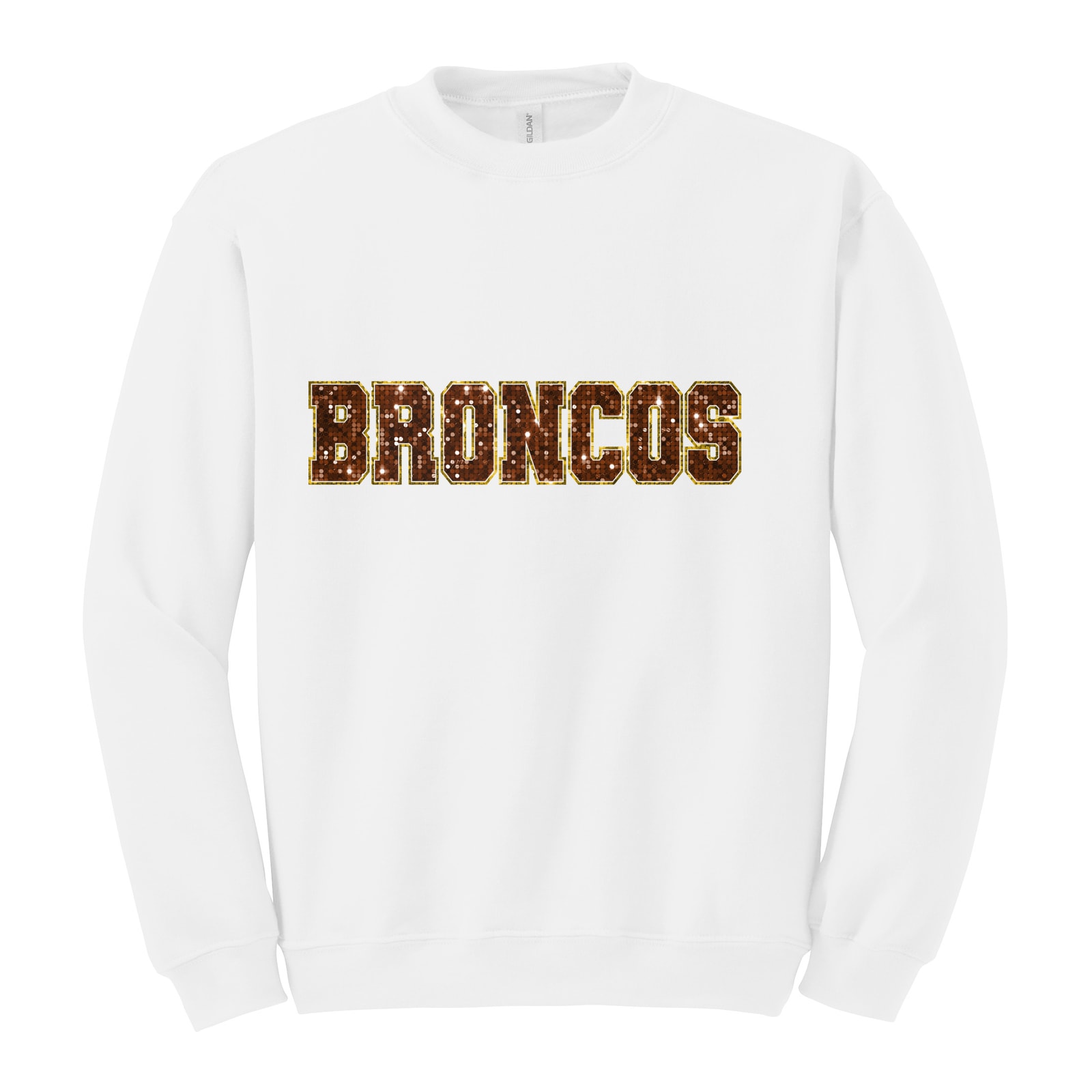 Mount Orab Elementary Broncos sequin sleeve brown gold Gildan Heavy Blend Crewneck Sweatshirt. 18000