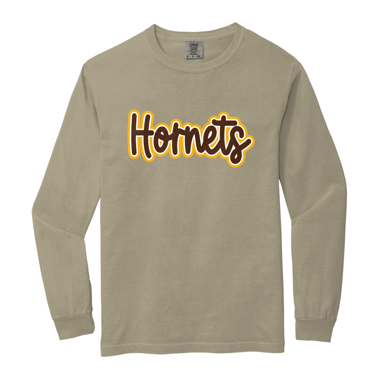 Hamersville Elementary and Middle School Hornets Thick Script brown white gold Comfort Colors 6014 Long Sleeve
