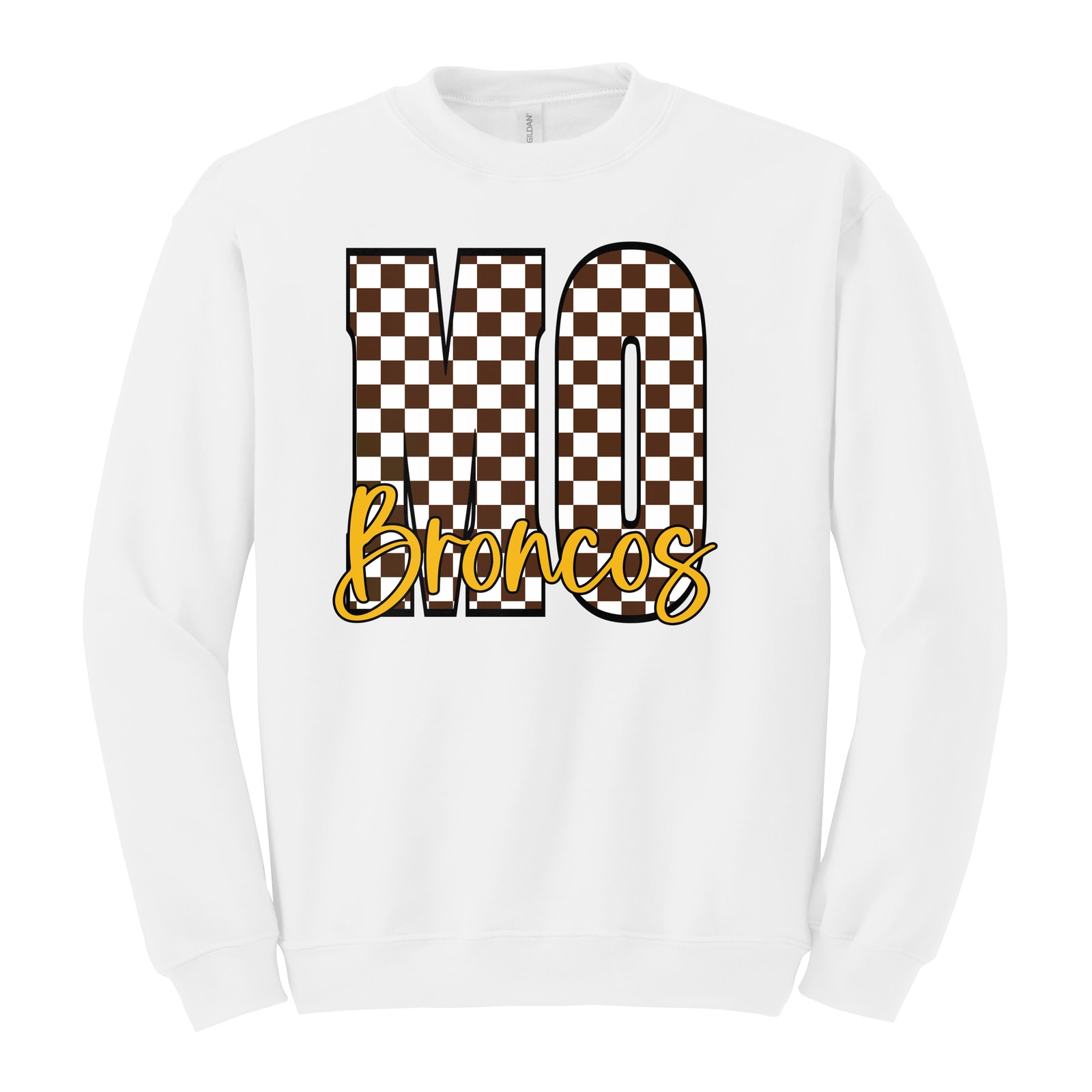 Mount Orab Elementary MO brown white checkers Broncos white script Gildan Heavy Blend Crewneck Sweatshirt. 18000