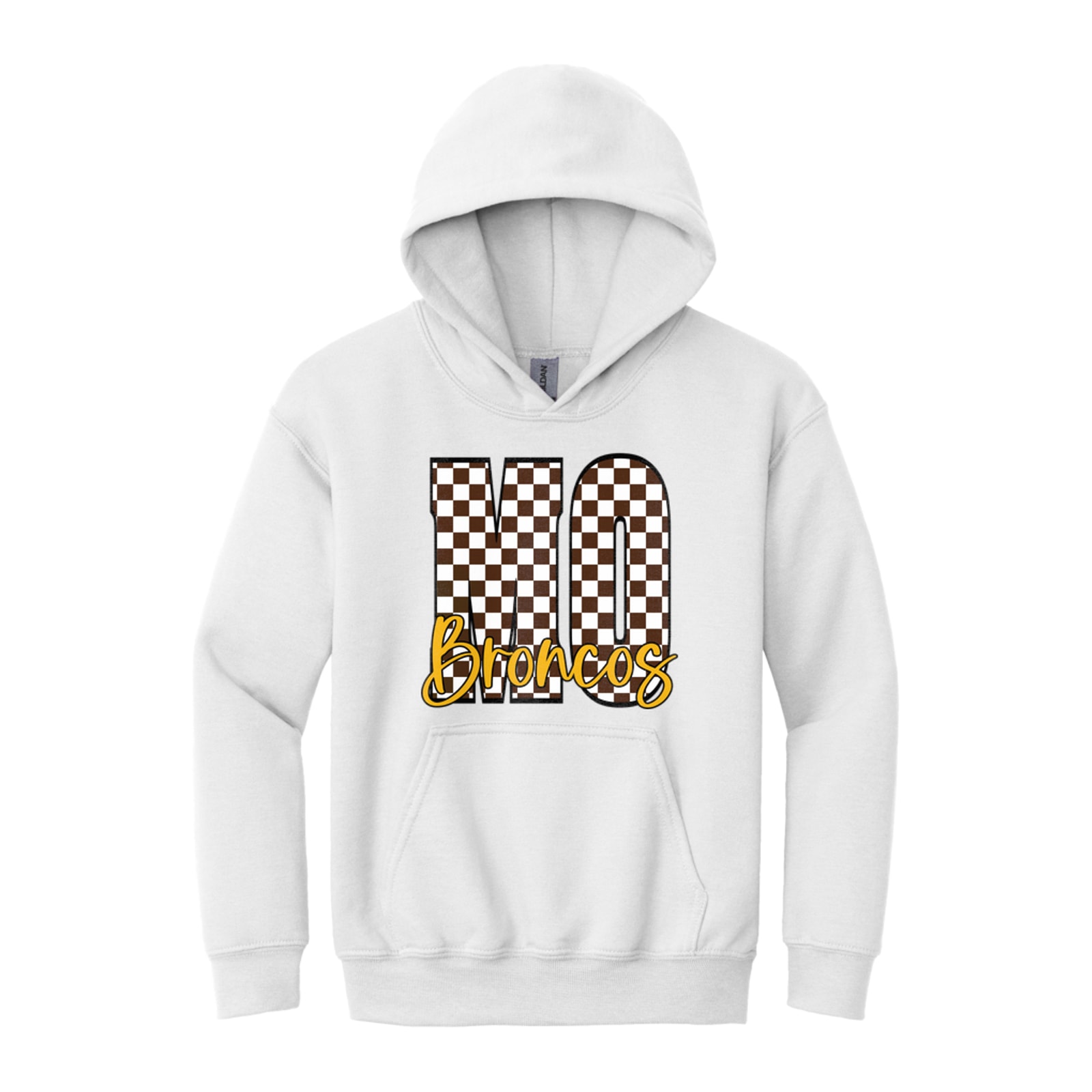 Mount Orab Elementary MO brown white checkers Broncos white script Gildan - Youth Heavy Blend Hooded Sweatshirt. 18500B