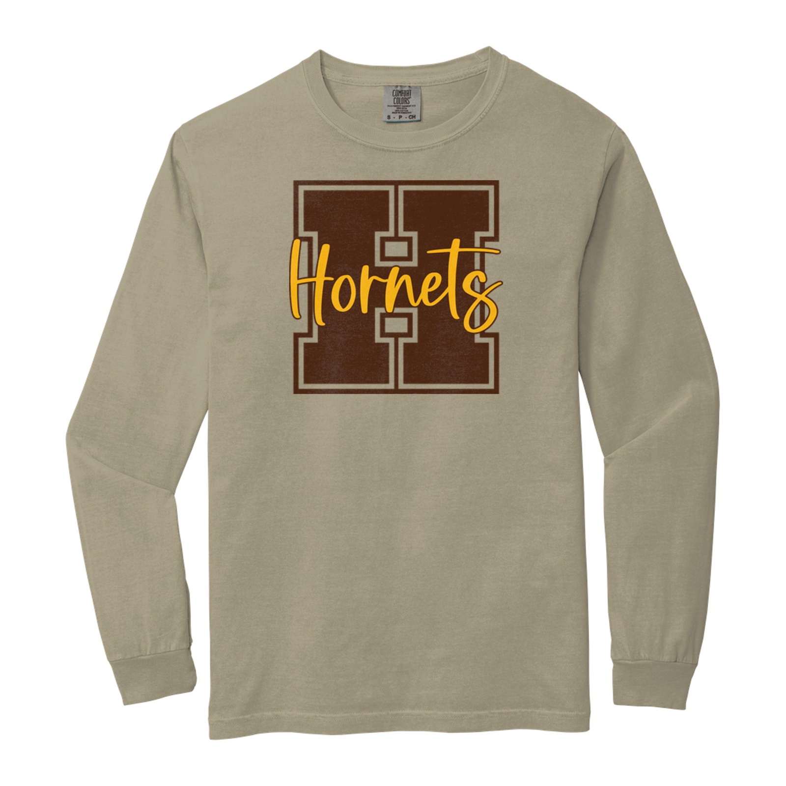 Hamersville Elementary and Middle School H Hornets brown gold square block Comfort Colors 6014 Long Sleeve
