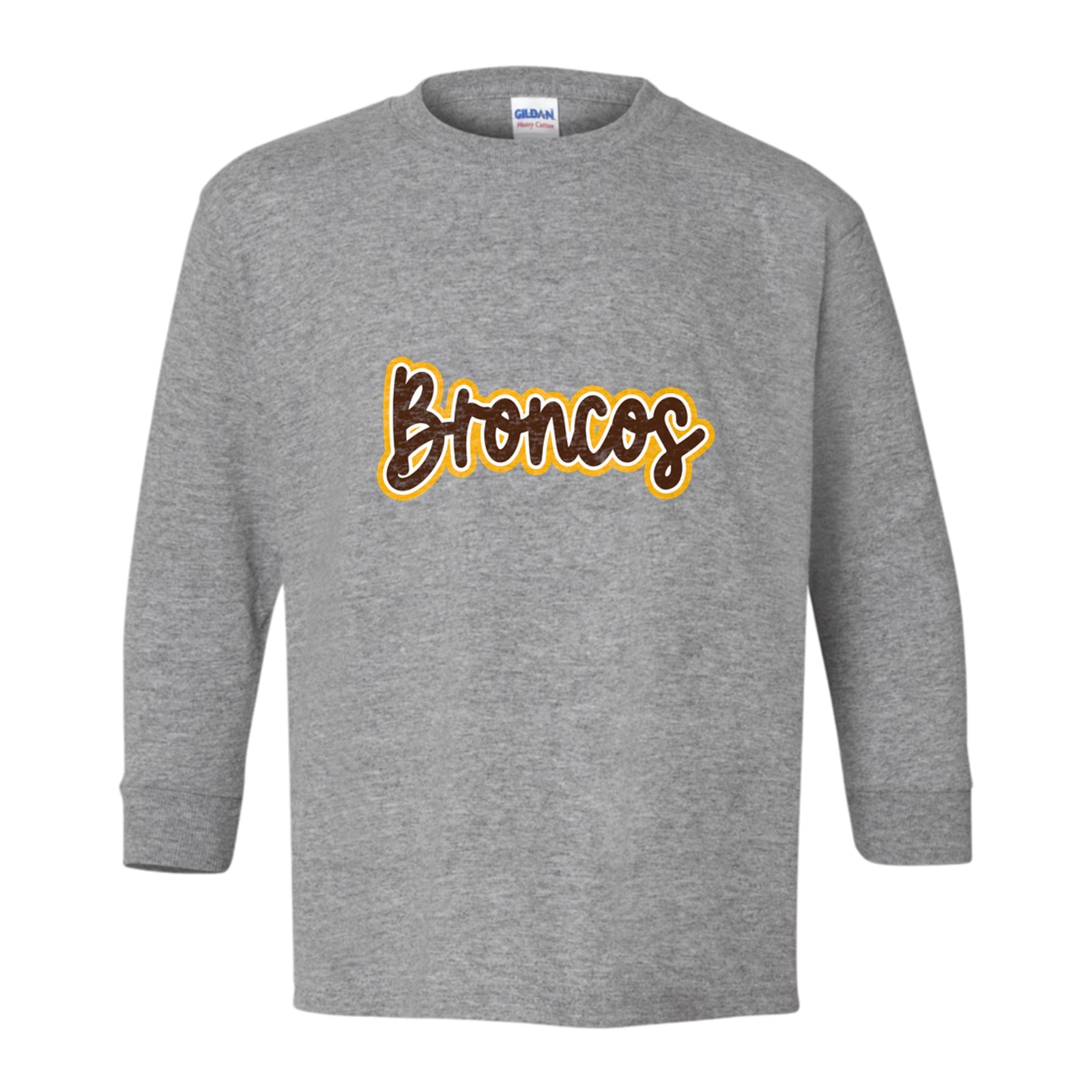 Mount Orab Elementary Broncos Thick Script brown white gold Gildan Youth Heavy Cotton 100% Cotton Long Sleeve T-Shirt. 5400B