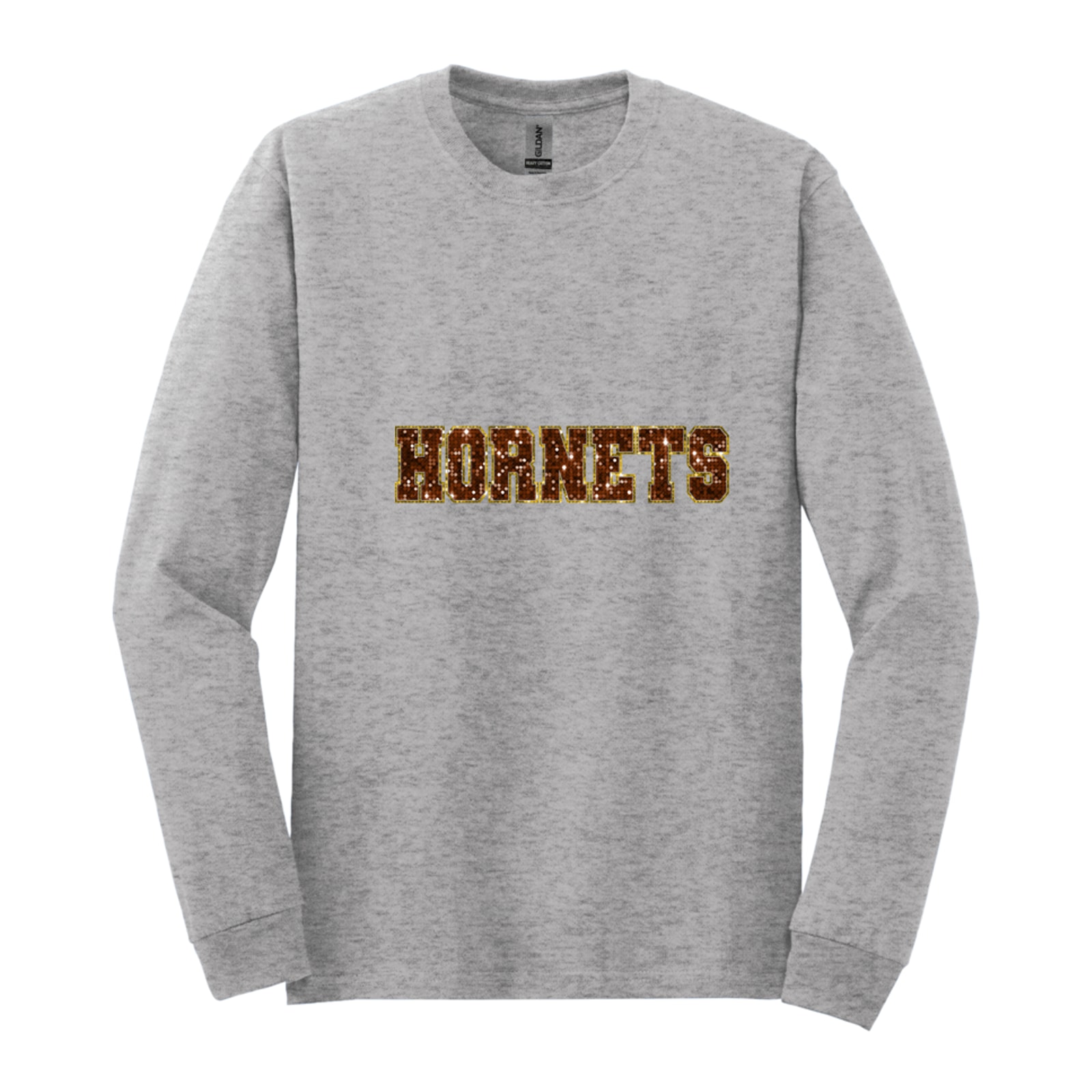 Hamersville Elementary and Middle School Hornets sequin sleeve brown gold Gildan - Heavy Cotton 100% Cotton Long Sleeve T-Shirt. 5400