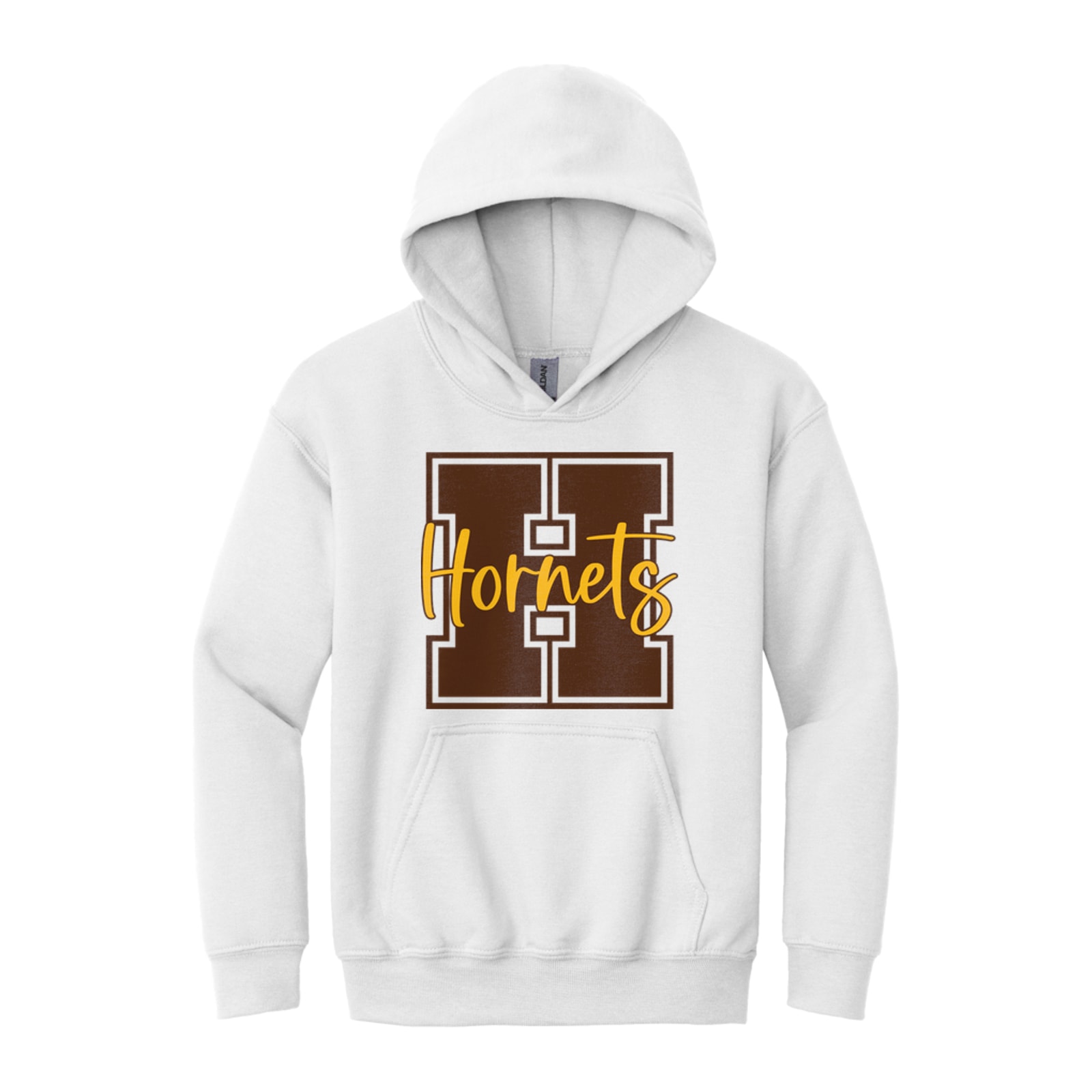 Hamersville Elementary and Middle School H Hornets brown gold square block Gildan - Youth Heavy Blend Hooded Sweatshirt. 18500B
