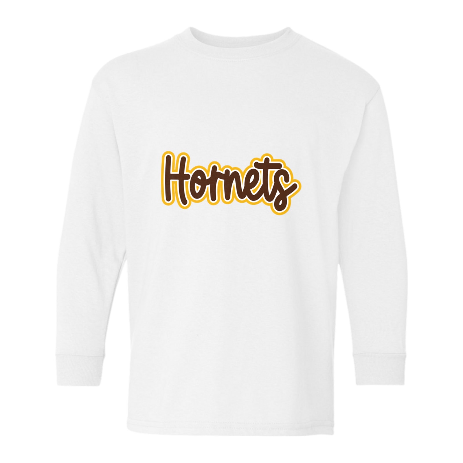 Hamersville Elementary and Middle School Hornets Thick Script brown white gold Gildan Youth Heavy Cotton 100% Cotton Long Sleeve T-Shirt. 5400B