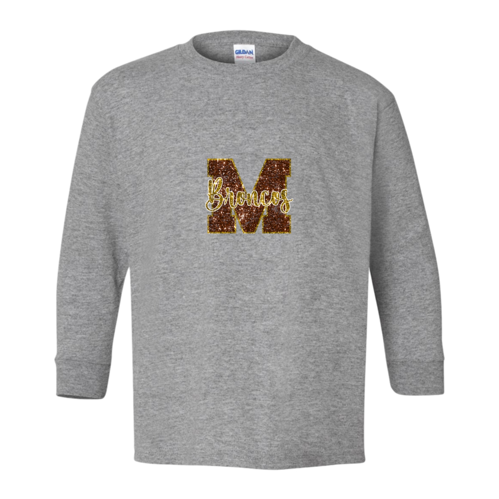 Mount Orab Elementary M Broncos sequin brown gold Gildan Youth Heavy Cotton 100% Cotton Long Sleeve T-Shirt. 5400B