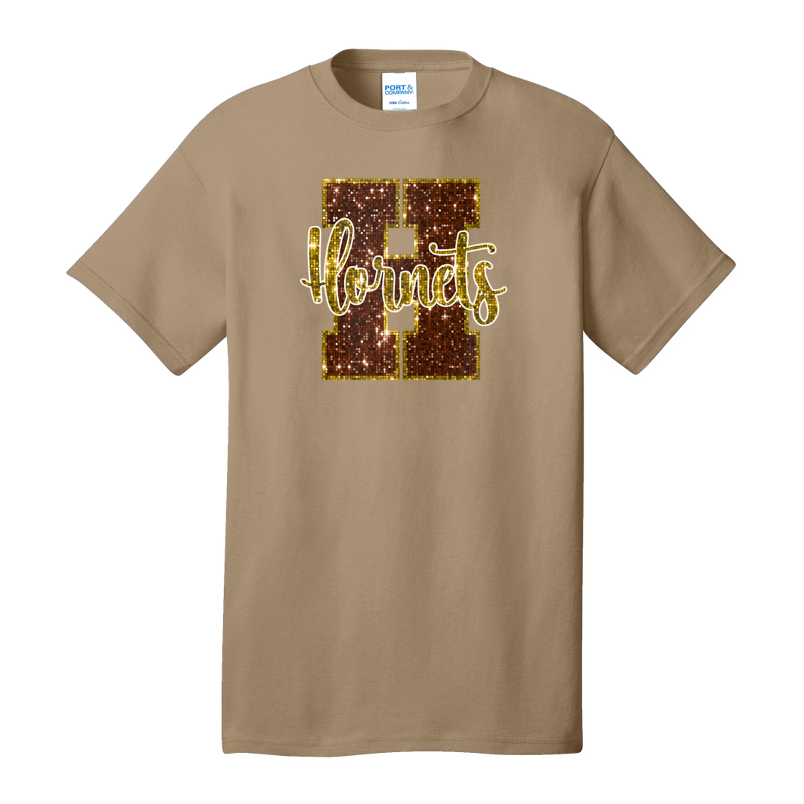 Hamersville Elementary and Middle School H Hornets sequin brown gold Port & Company PC54