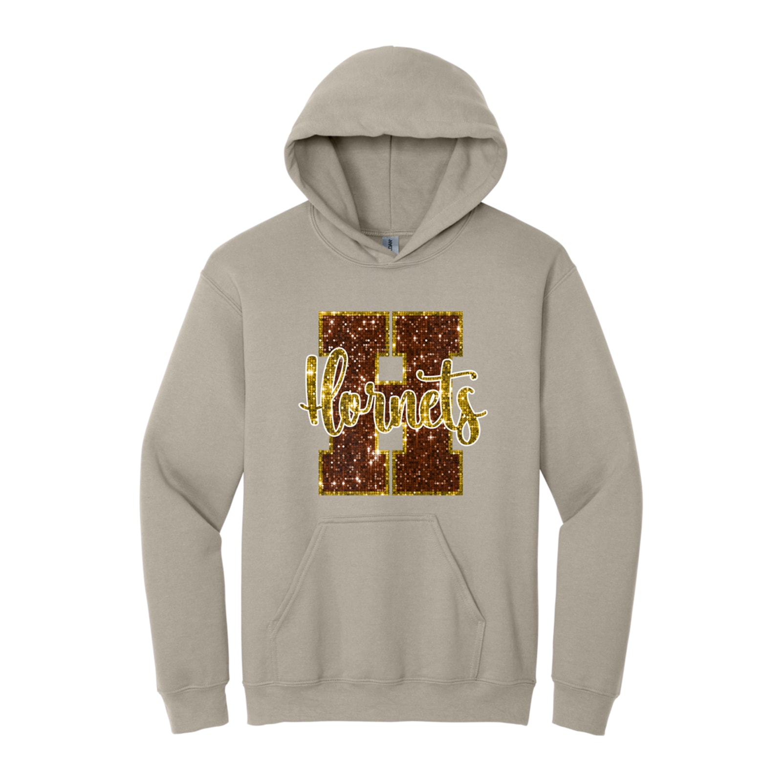 Hamersville Elementary and Middle School H Hornets sequin brown gold Gildan - Heavy Blend Hooded Sweatshirt. 18500
