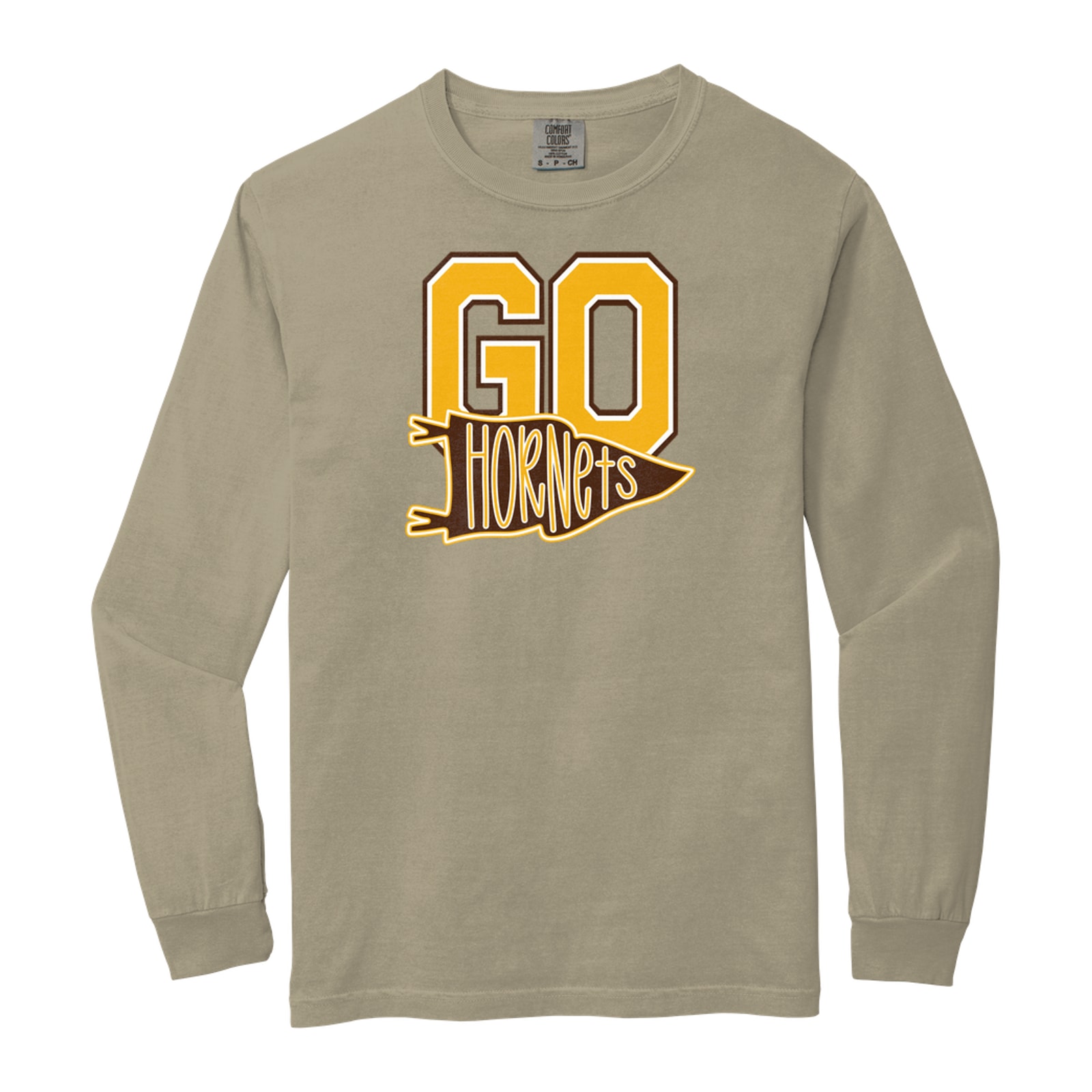 Hamersville Elementary and Middle School Go hornets pennant gold brown white Comfort Colors 6014 Long Sleeve