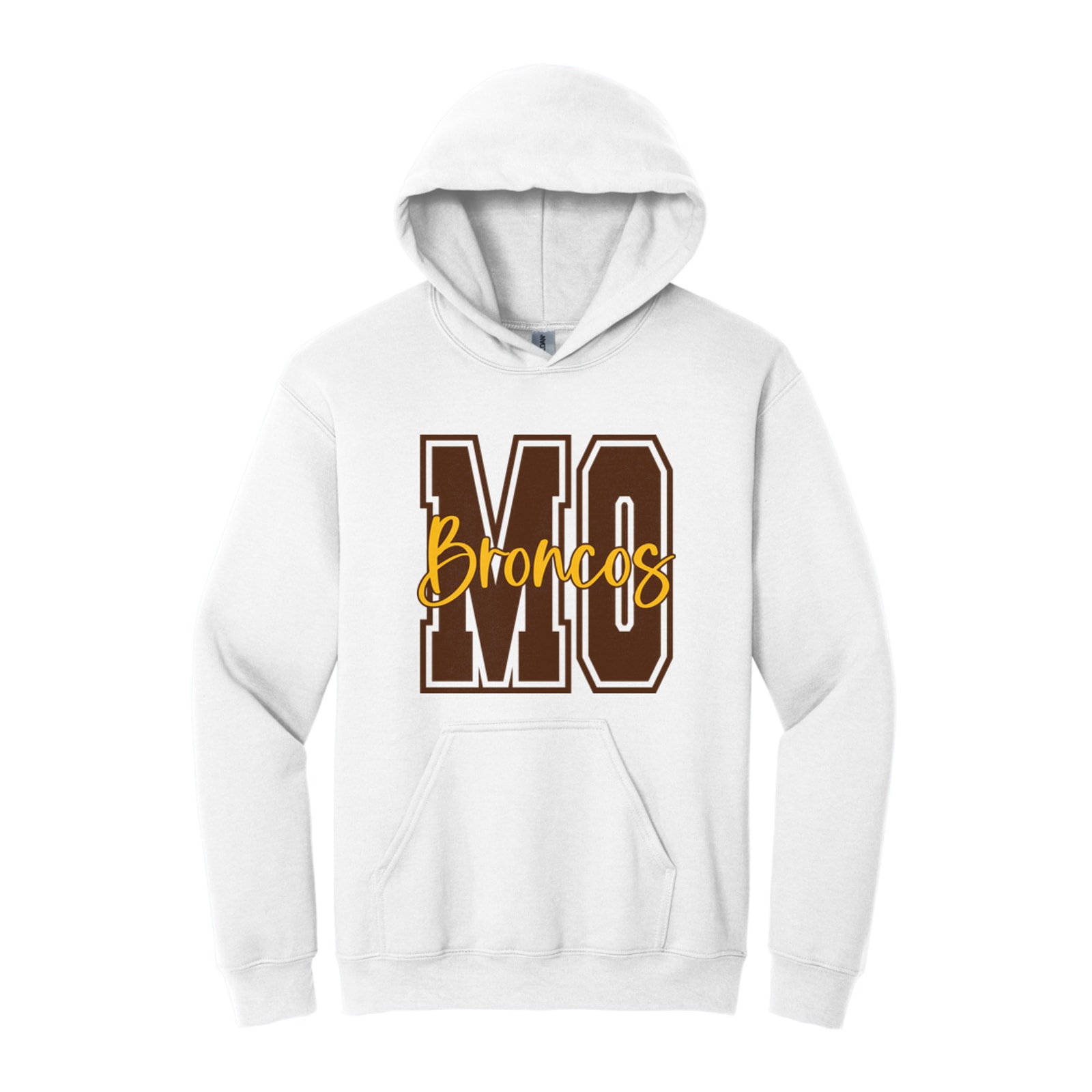 Mount Orab Elementary MO Broncos brown gold square block Gildan - Heavy Blend Hooded Sweatshirt. 18500