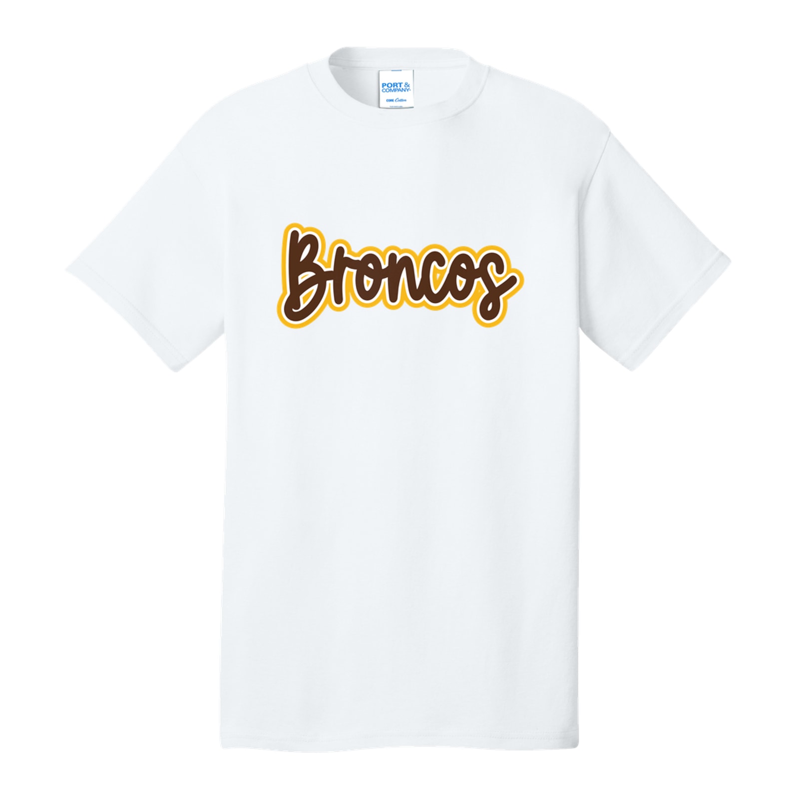 Mount Orab Elementary Broncos Thick Script brown white gold Port & Company PC54