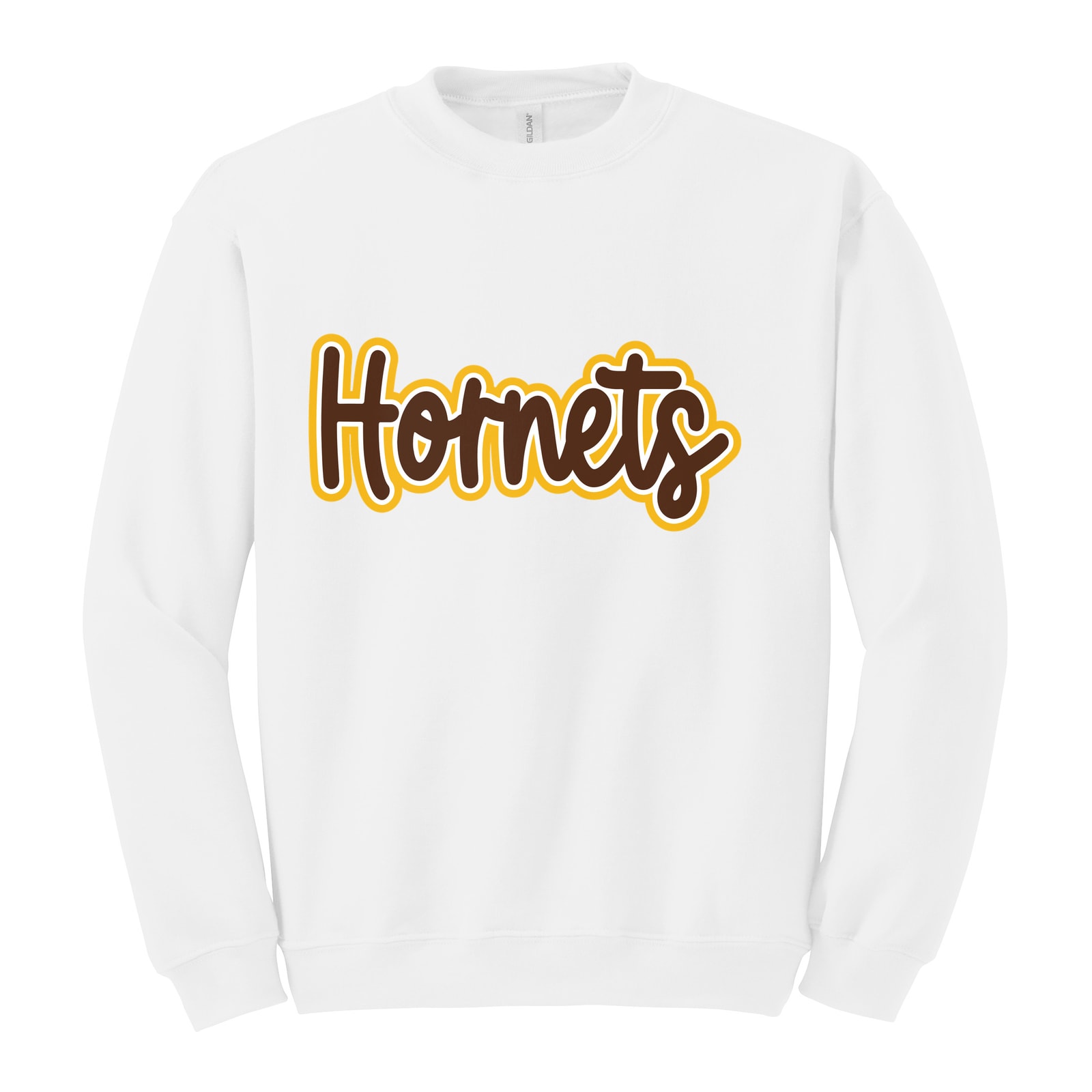 Hamersville Elementary and Middle School Hornets Thick Script brown white gold Gildan Heavy Blend Crewneck Sweatshirt. 18000