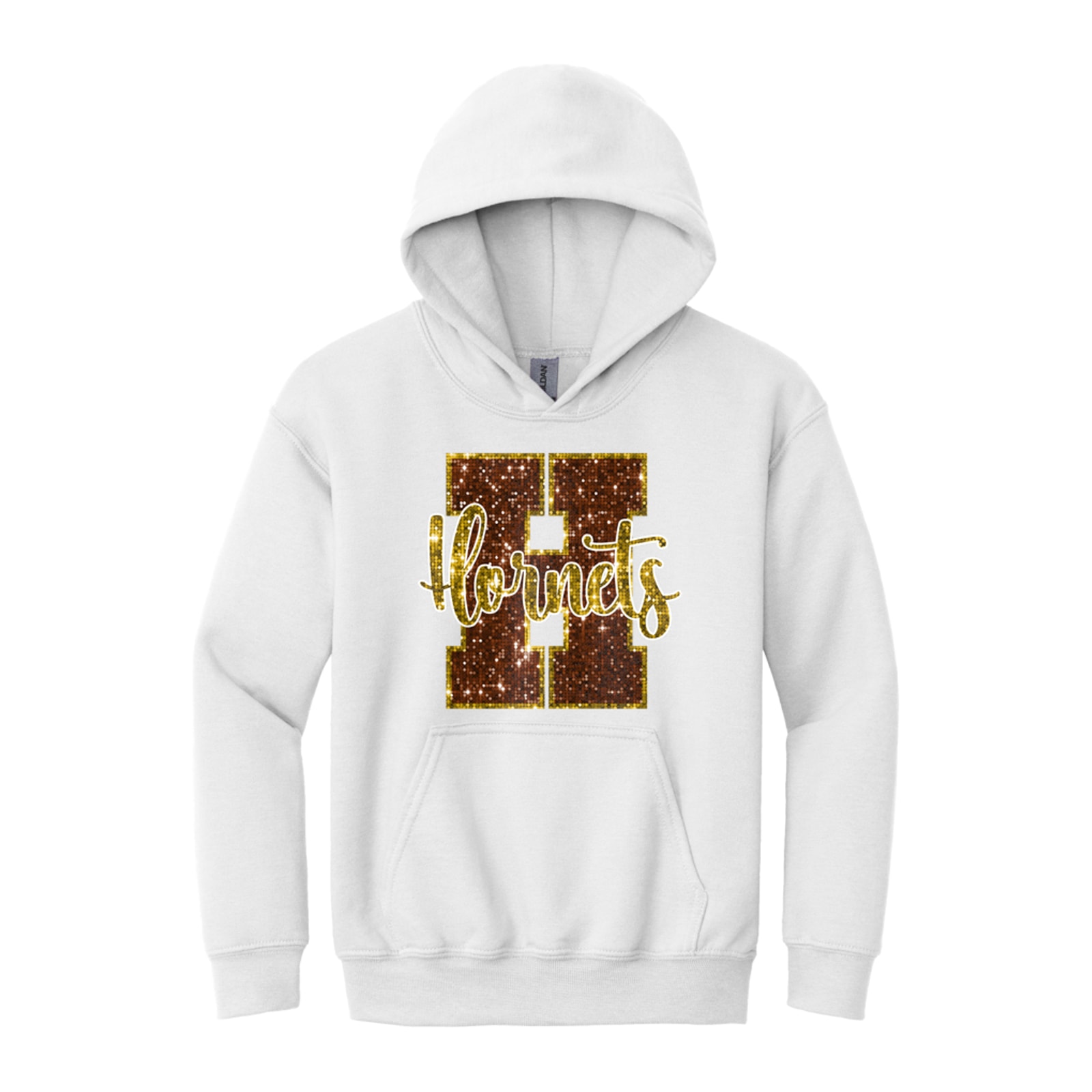 Hamersville Elementary and Middle School H Hornets sequin brown gold Gildan - Youth Heavy Blend Hooded Sweatshirt. 18500B