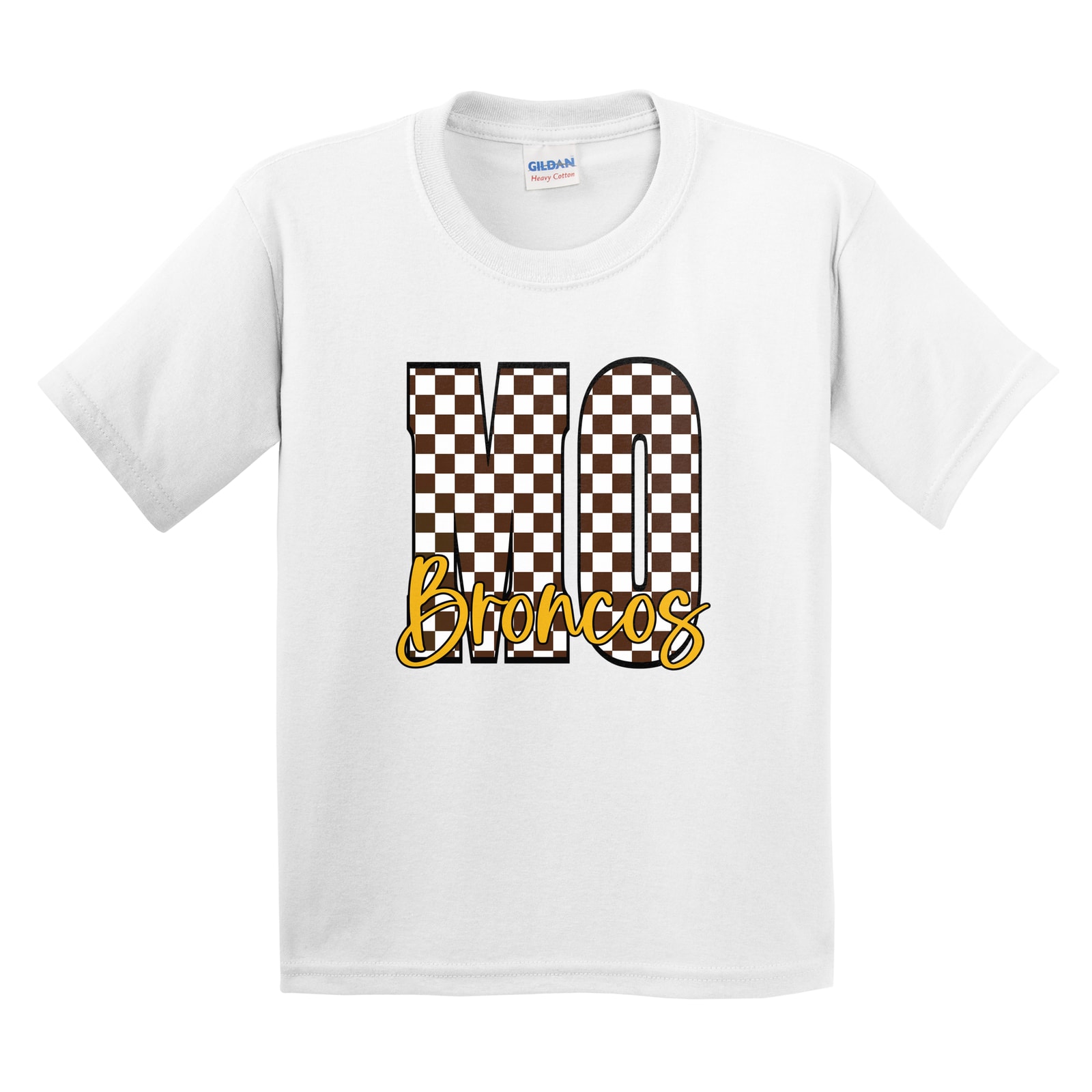 Mount Orab Elementary MO brown white checkers Broncos white script Gildan 5000B Youth Tee