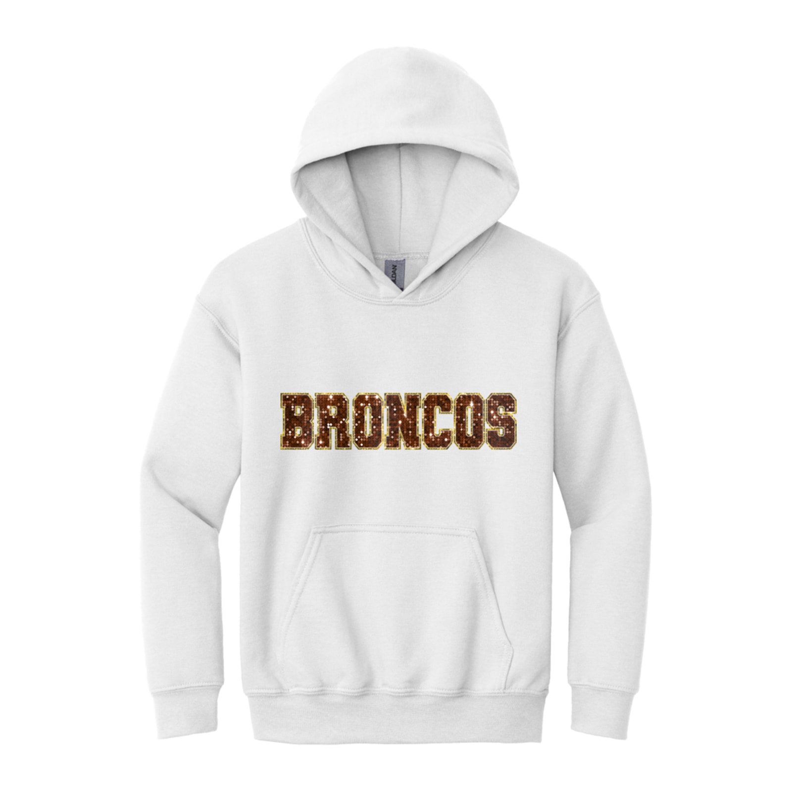 Mount Orab Elementary Broncos sequin sleeve brown gold Gildan - Youth Heavy Blend Hooded Sweatshirt. 18500B