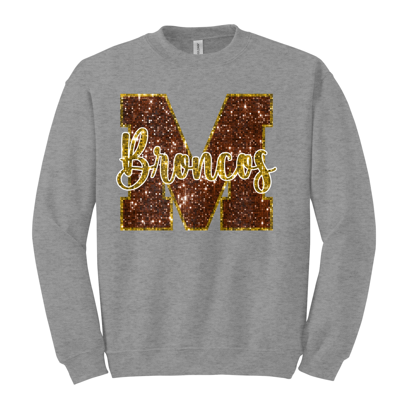 Mount Orab Elementary M Broncos sequin brown gold Gildan Heavy Blend Crewneck Sweatshirt. 18000