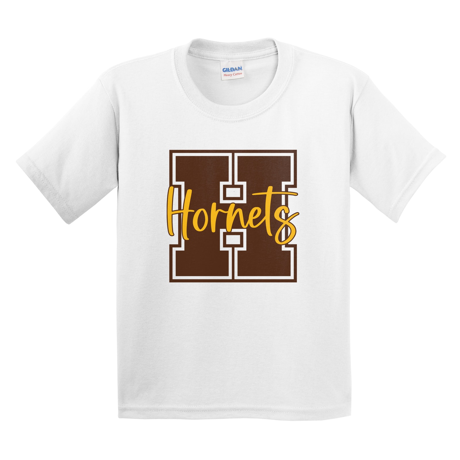 Hamersville Elementary and Middle School H Hornets brown gold square block Gildan 5000B Youth Tee