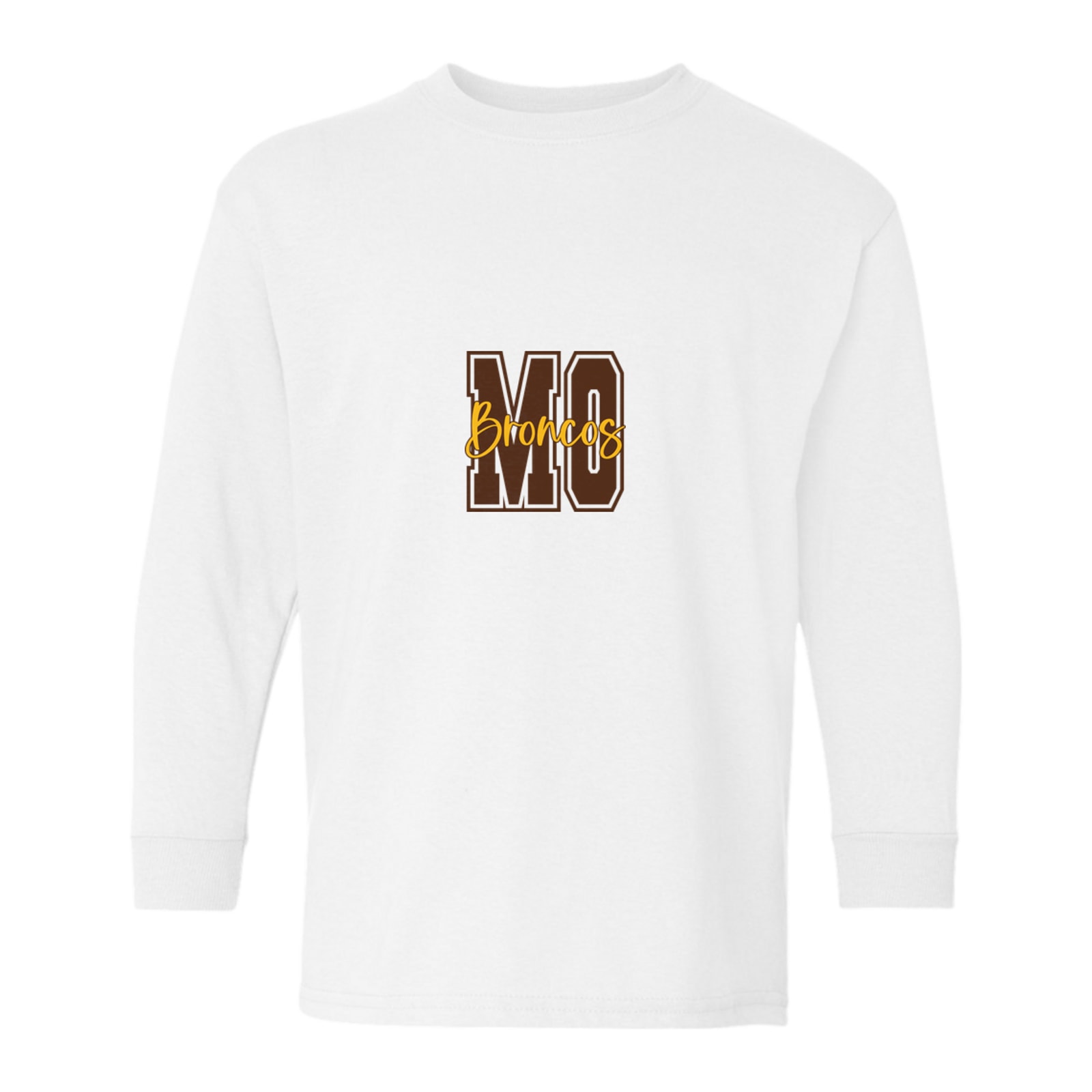 Mount Orab Elementary MO Broncos brown gold square block Gildan Youth Heavy Cotton 100% Cotton Long Sleeve T-Shirt. 5400B
